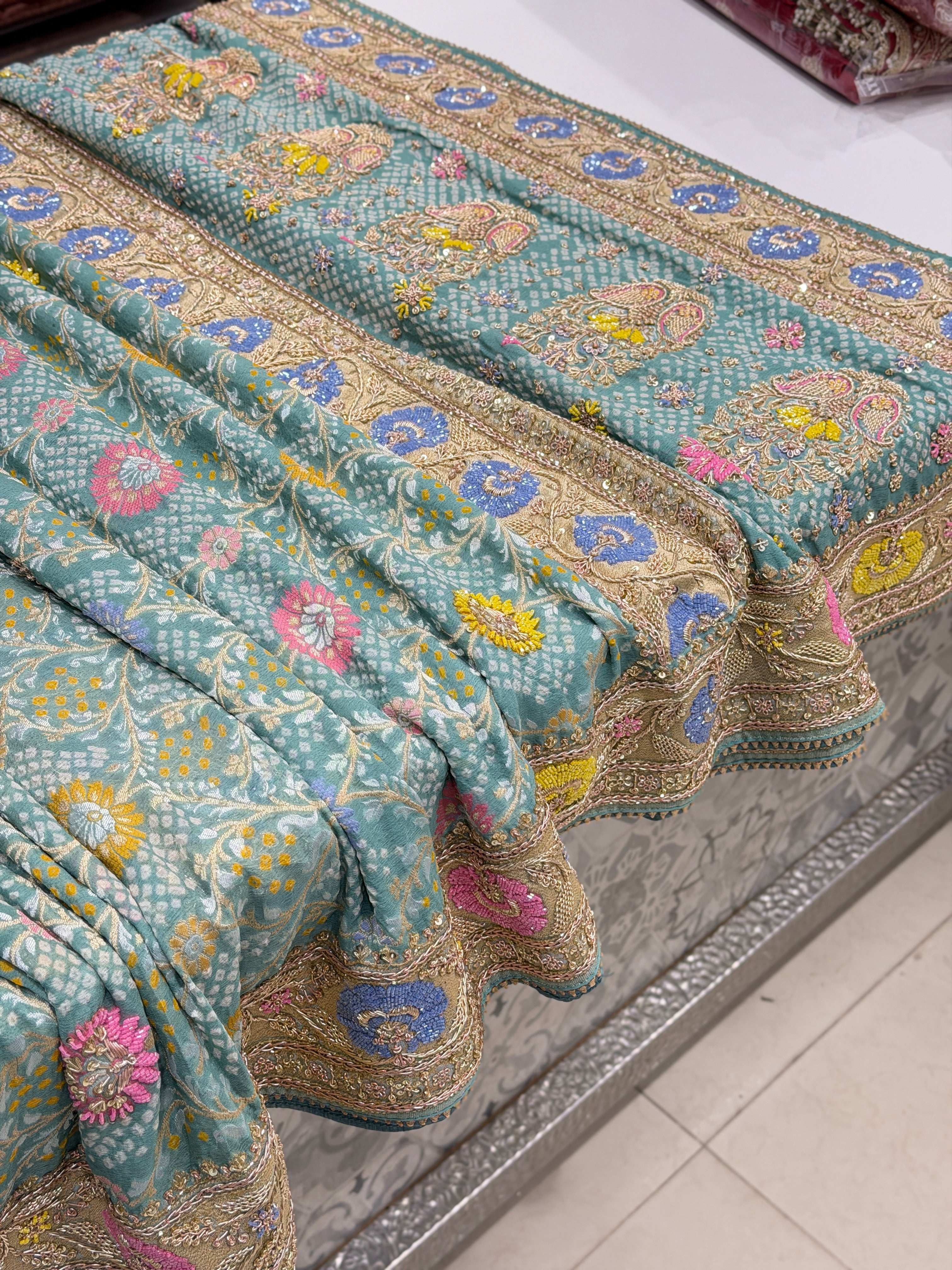 Pastel Powder Blue Meenakari Bandhej Zardodi Sequin Hand Embroidery Saree