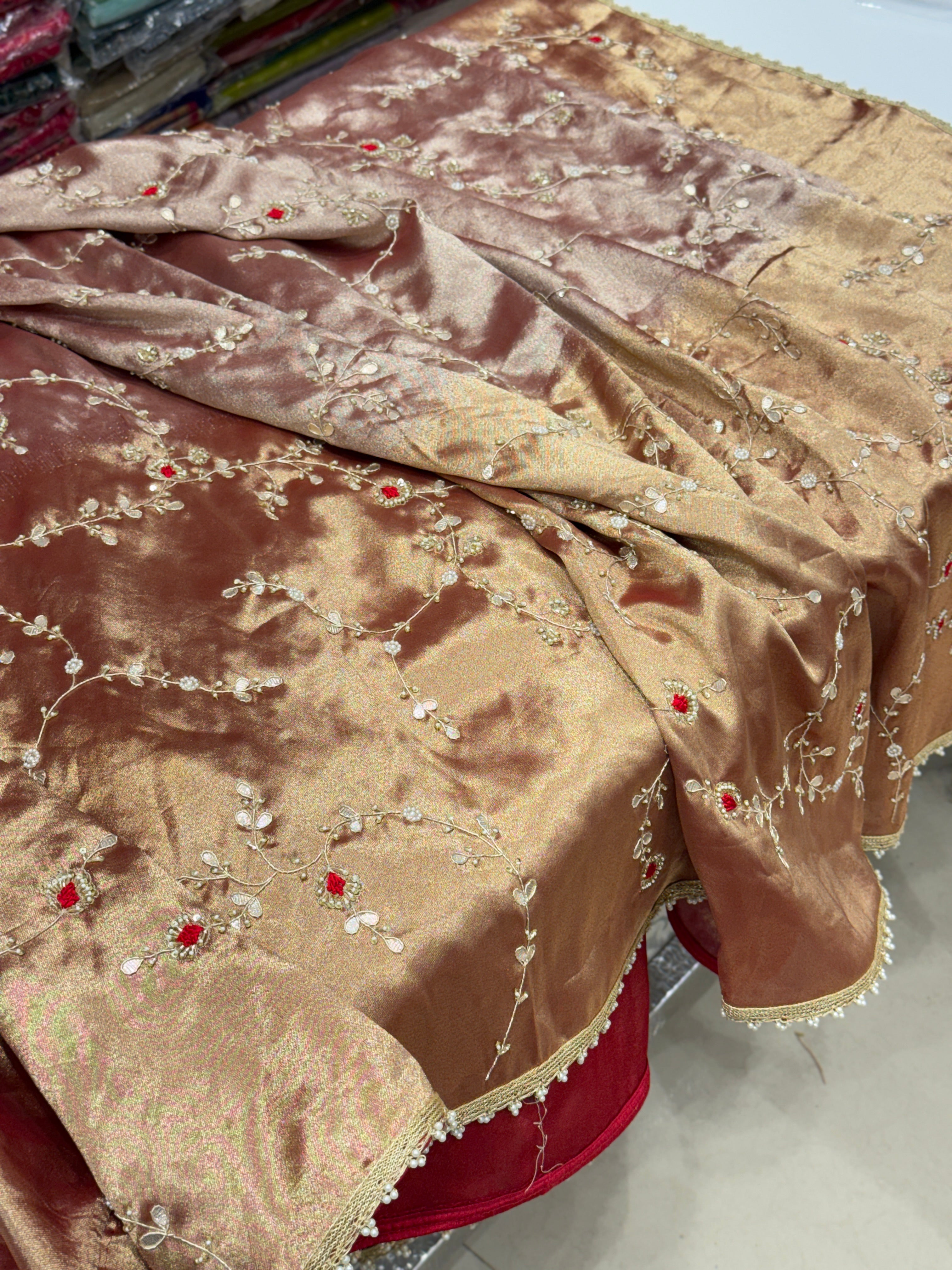 Red Tissue Zardosi Gota Resham Hand Embroidery Jaal Saree