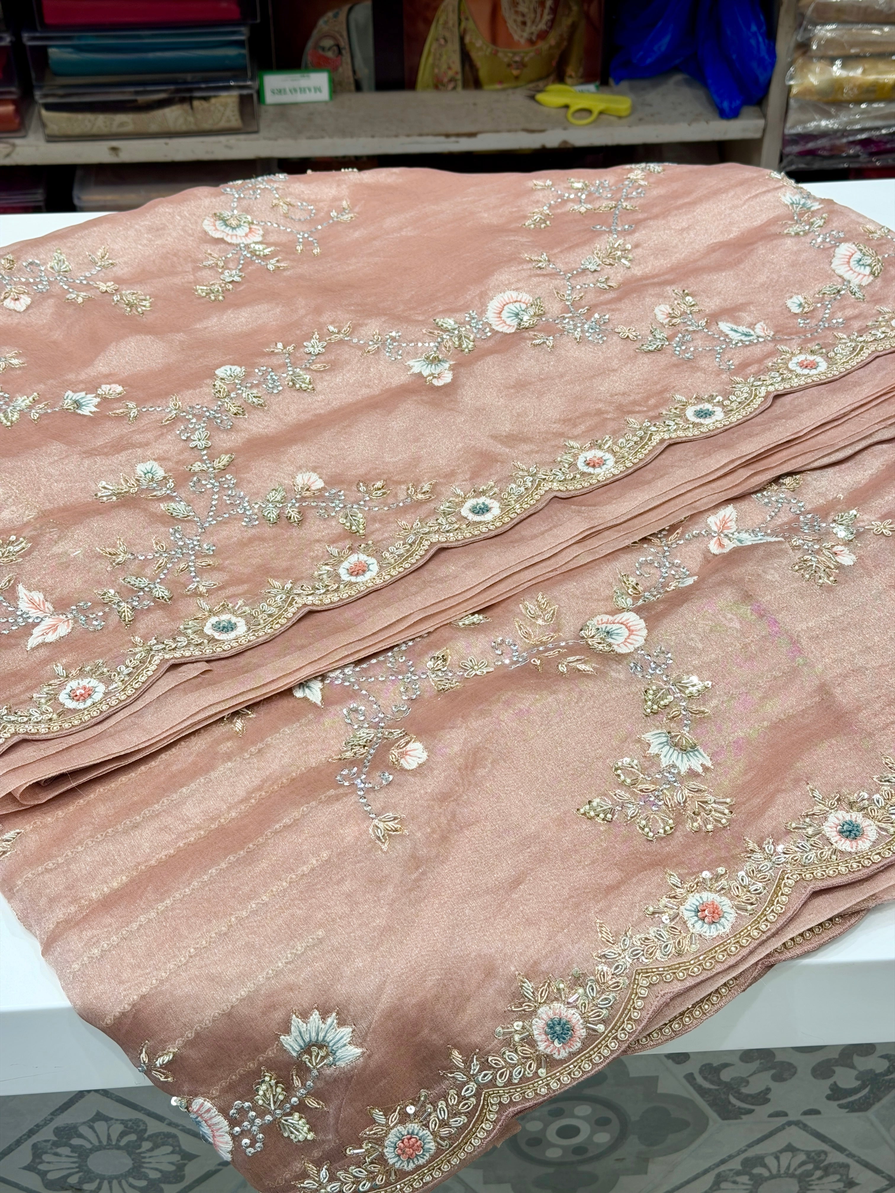 Pink Tissue Zardosi Resham Knot Hand Embroidery Saree