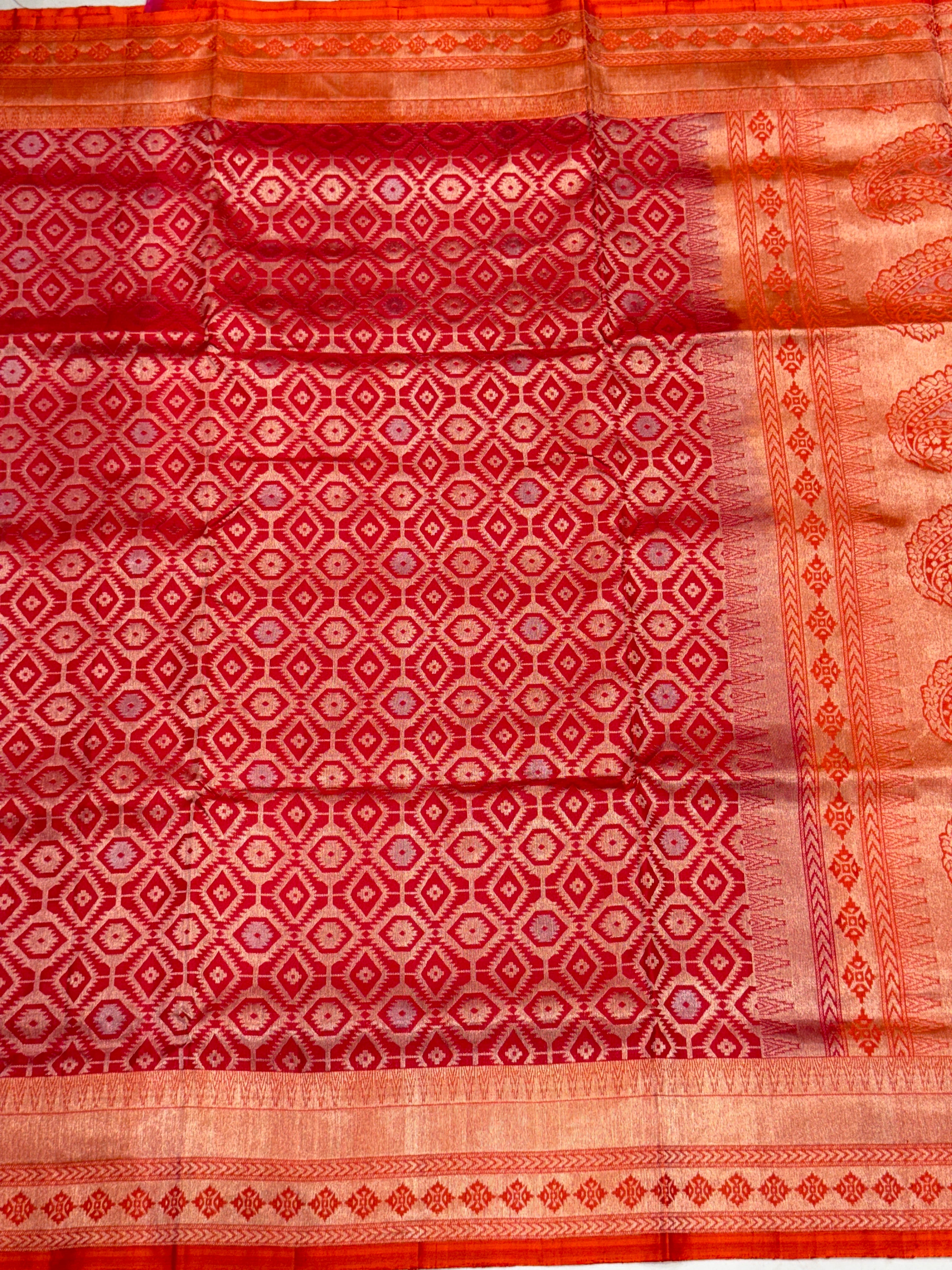 Red Orange Patola Design Inspired Handloom Kanchipuram Pure Silk Saree