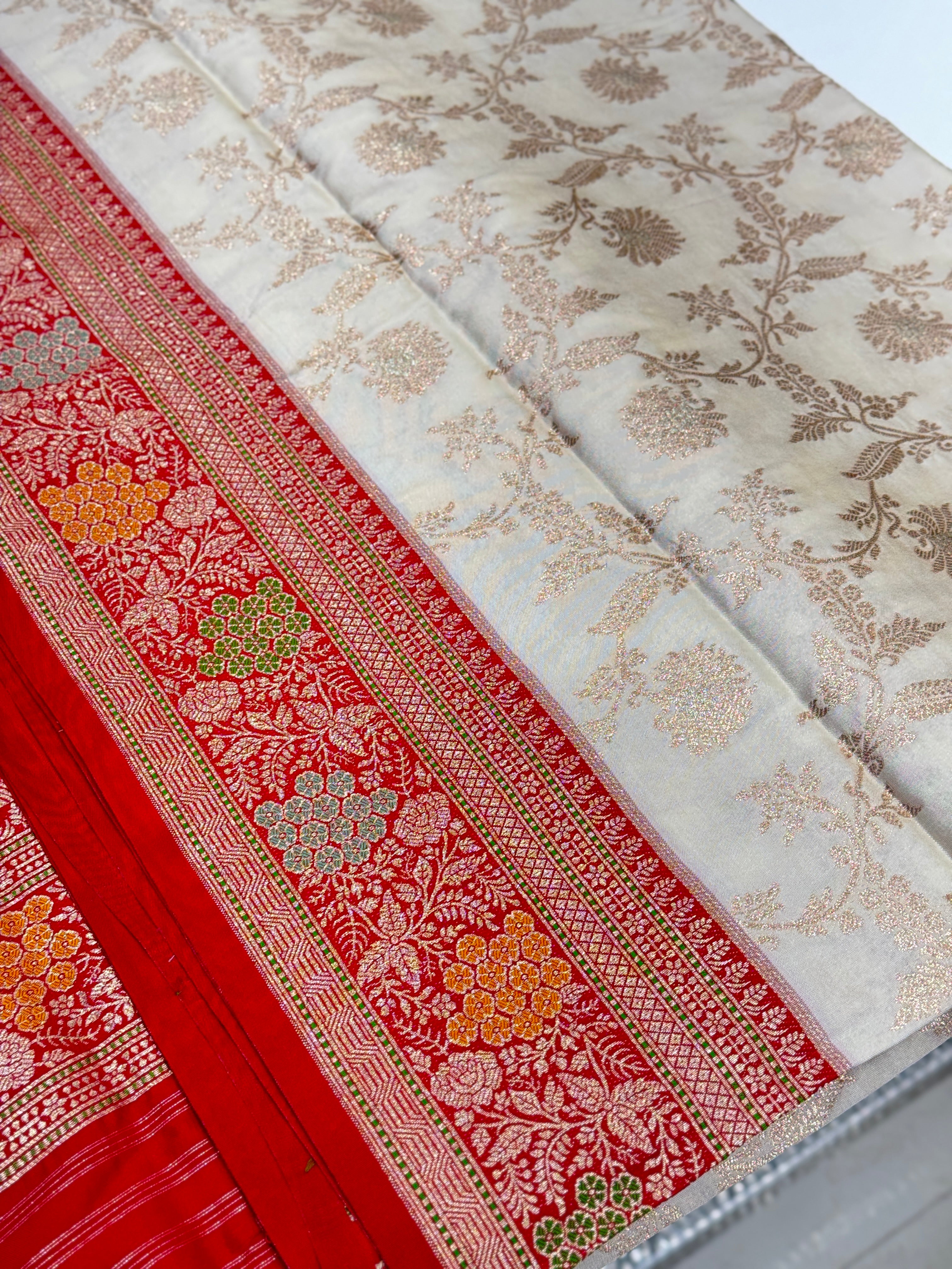 White Red Banarasi Jaal Saree