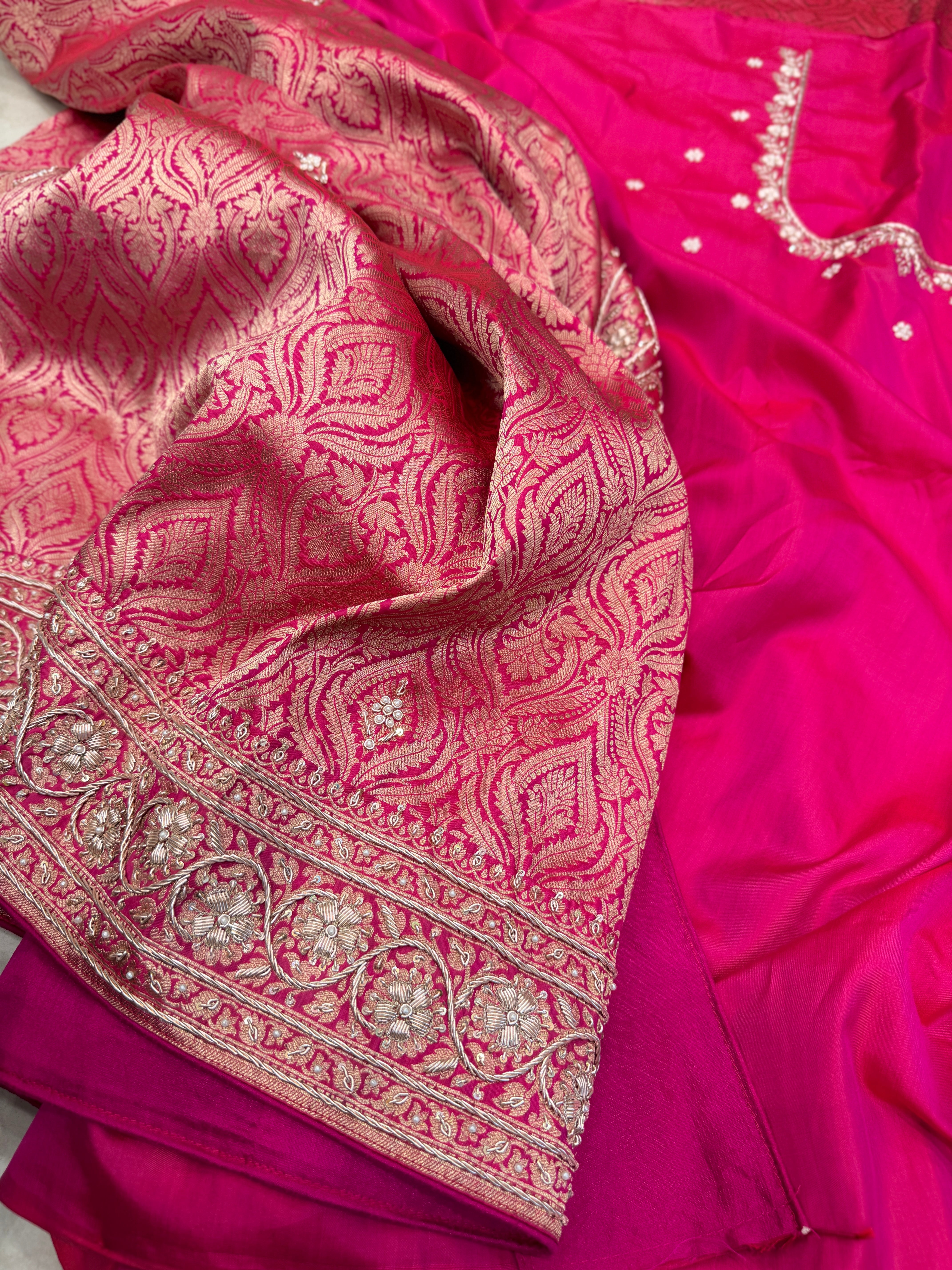 Rani Brocade Banarasi Katan Zardosi Hand Embroidery Saree