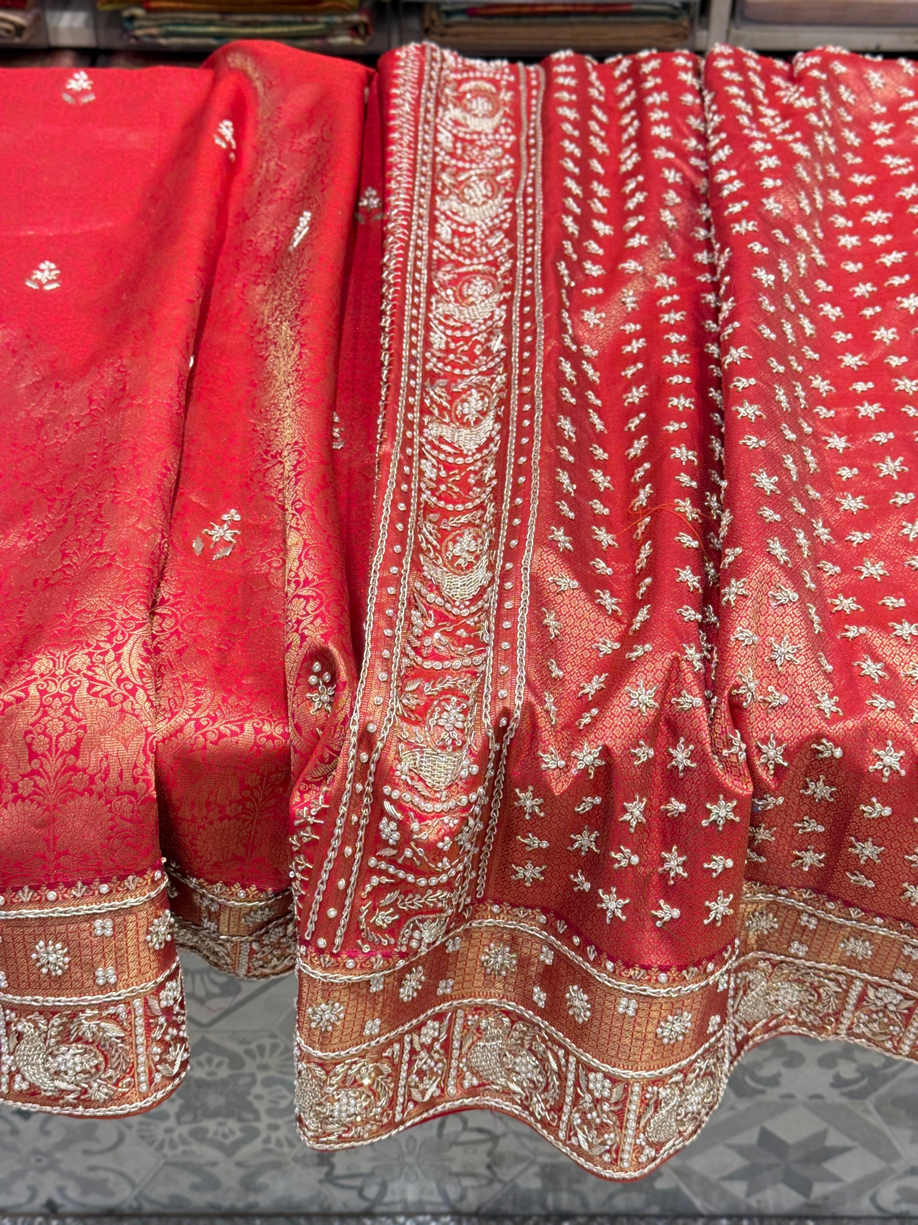 Red Kanjivaram Peacock Motif Zardozi Hand Embroidery Saree
