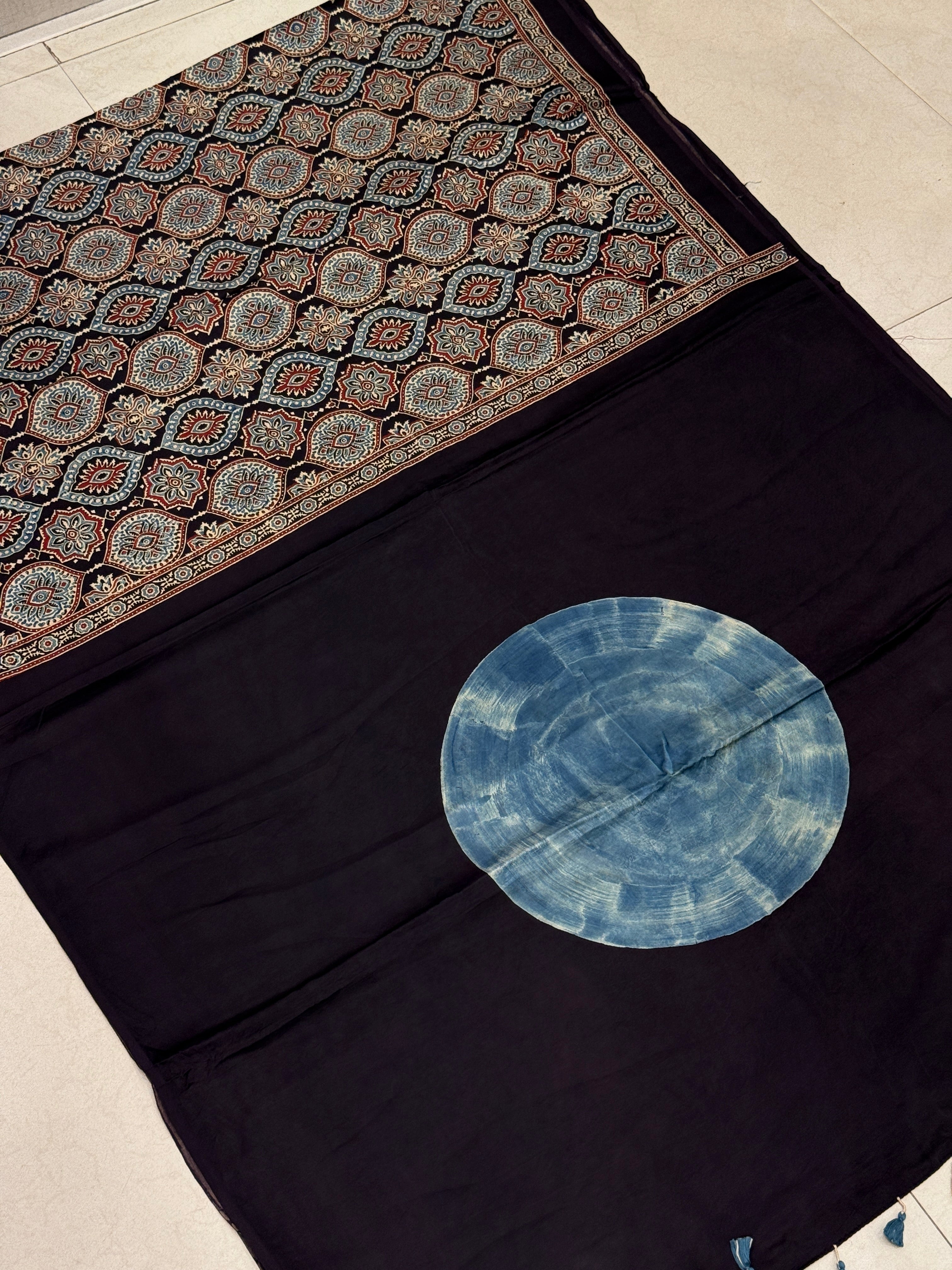 Blue Moon Pallu Ajrakh Modal Gajji Silk Saree