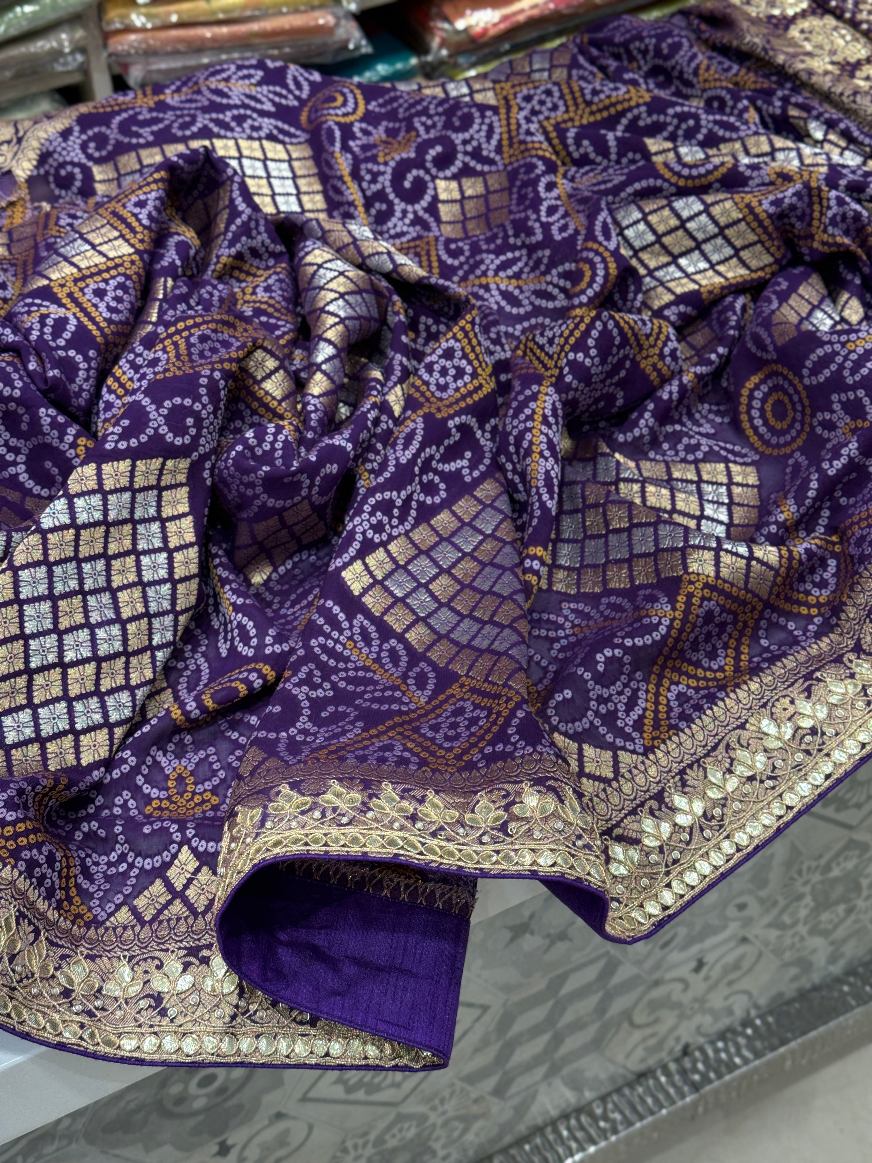 Violet Woven Bandhej Gotapatti Saree