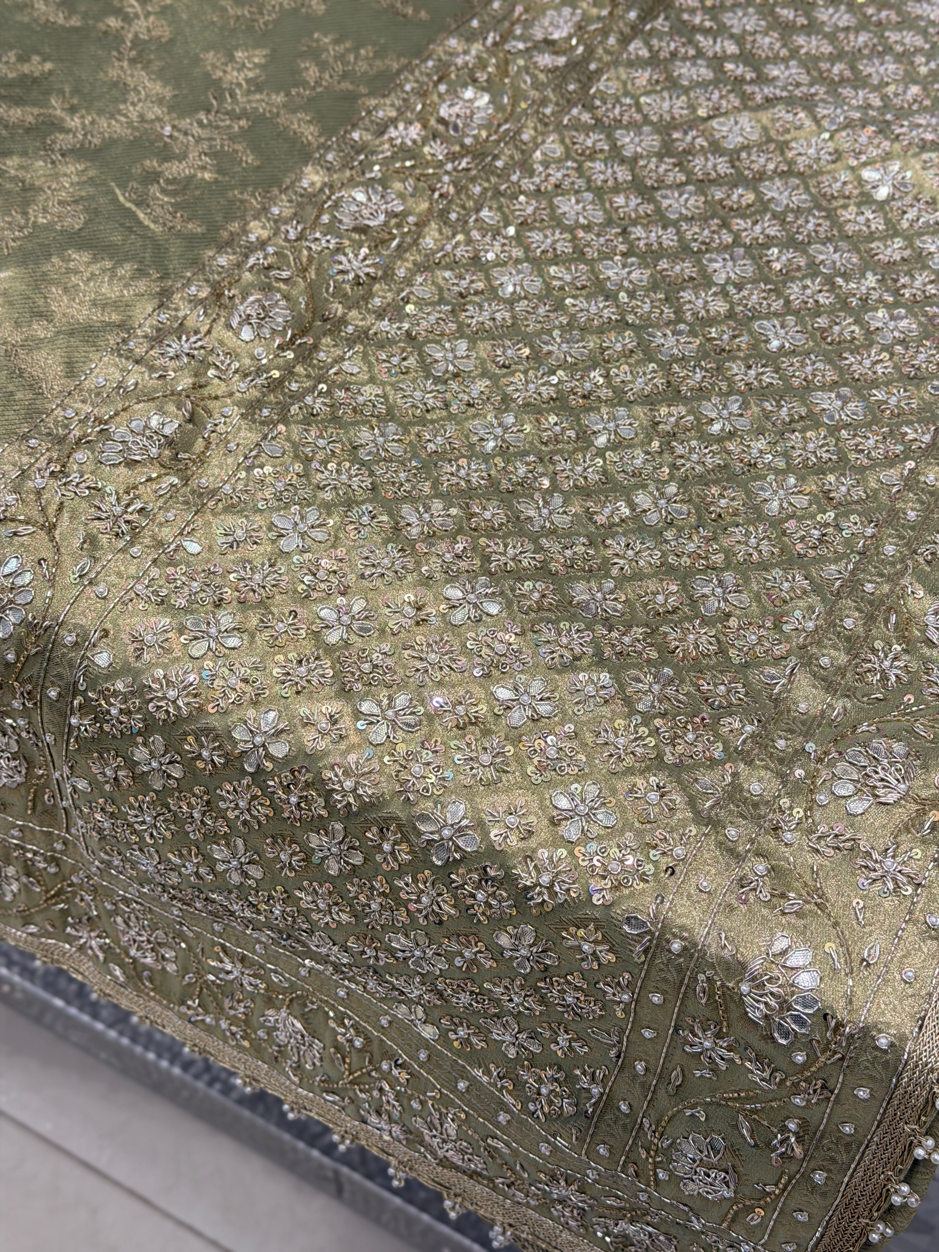 Pista Green Tissue Hand Embroidery Zardosi gota Saree