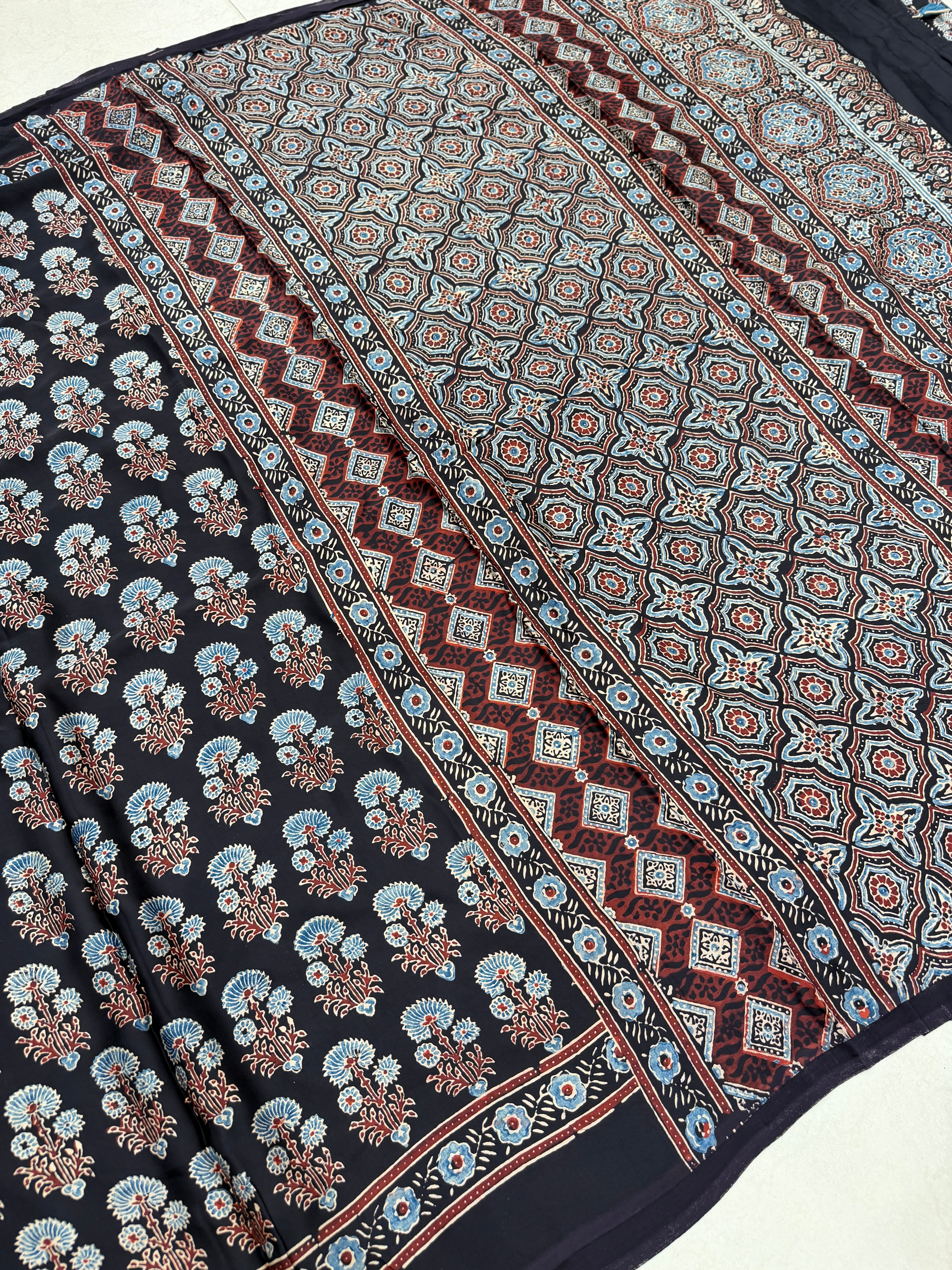 Black Butta Ajrakh Hand Block Print Pure Gajji Silk Saree