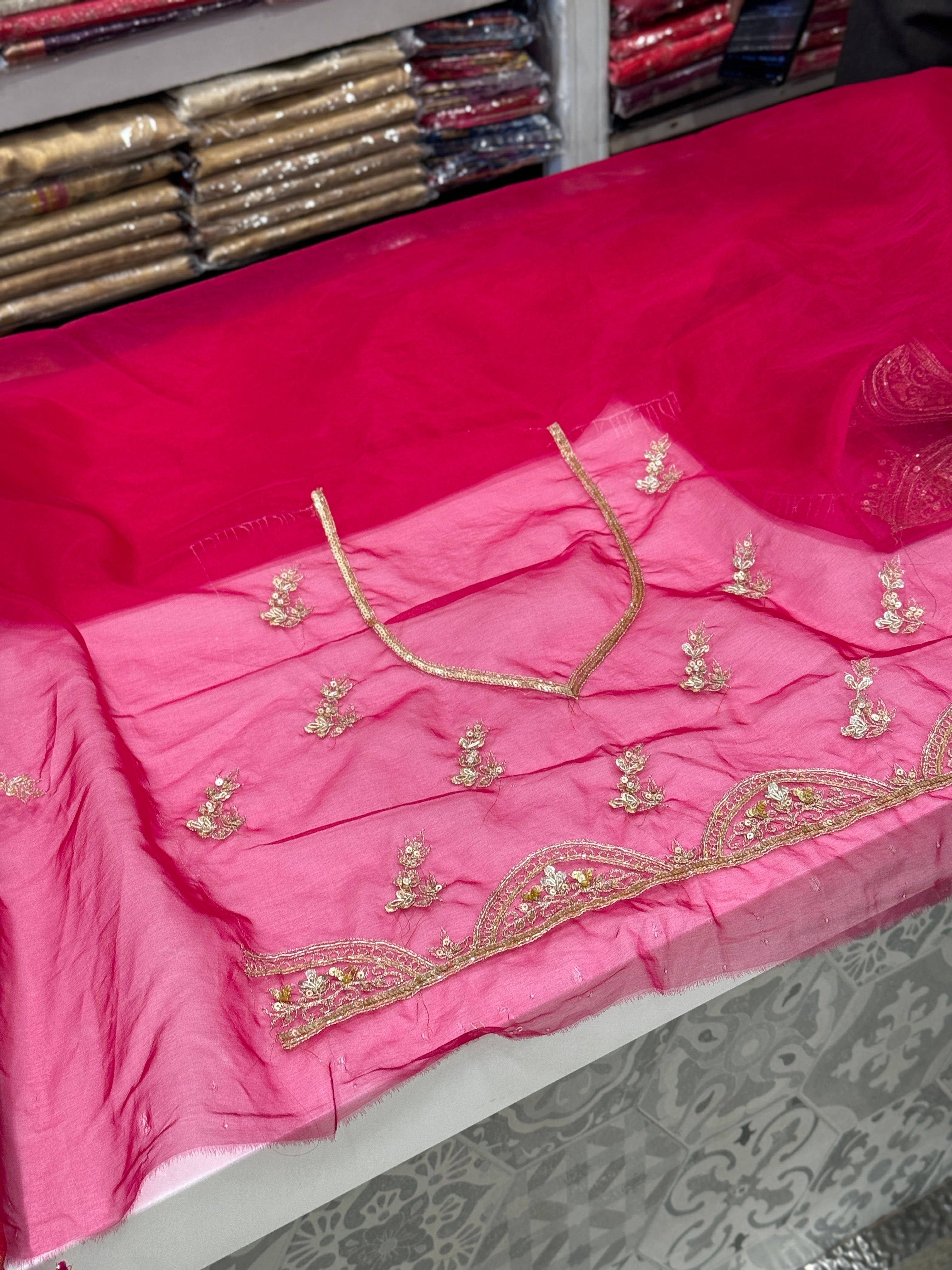 Rani Pink Organza Pita Embroidery Shoulder Butta Saree