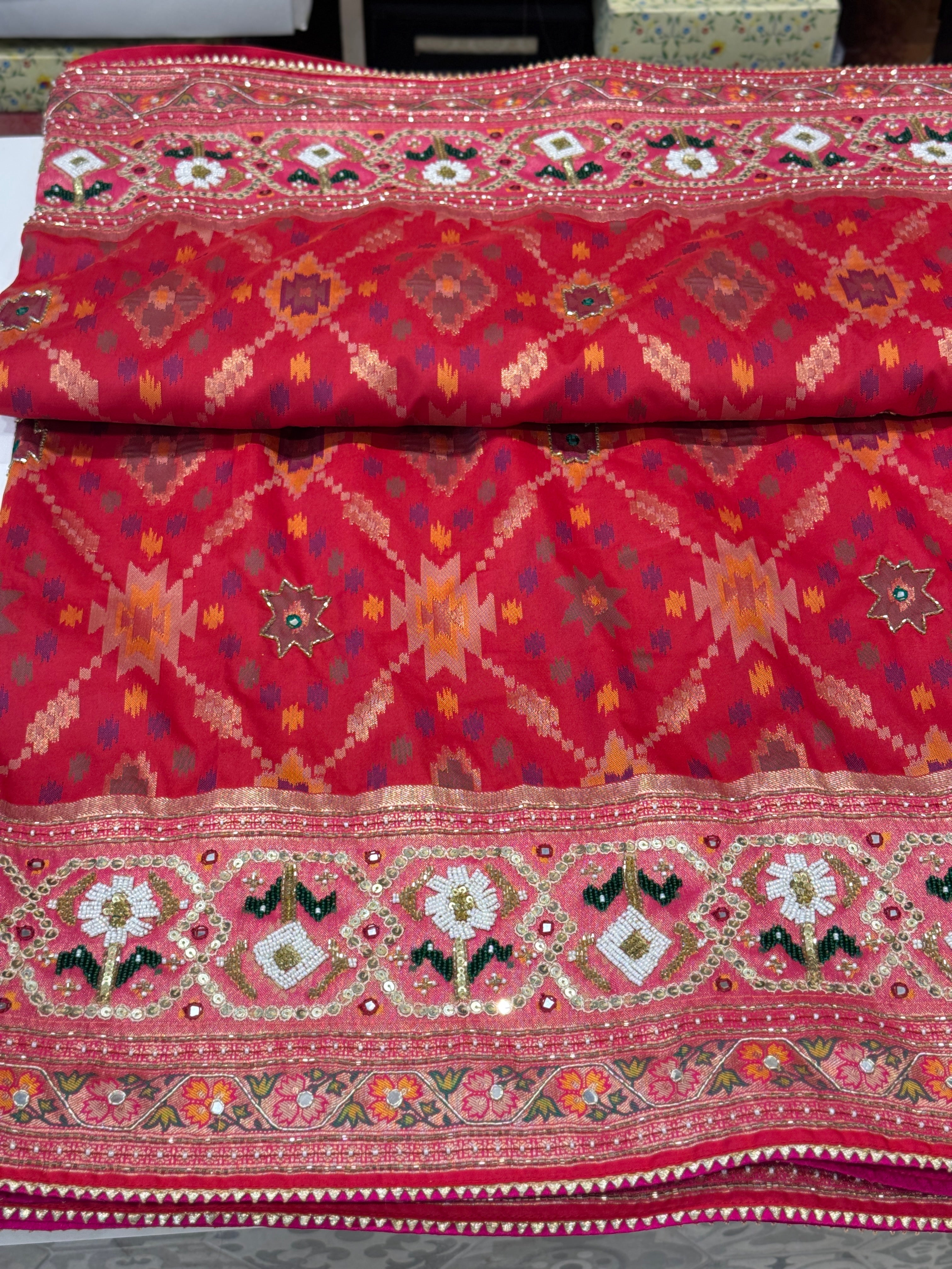 Red Patola Kutchi Moti Embroidery Saree