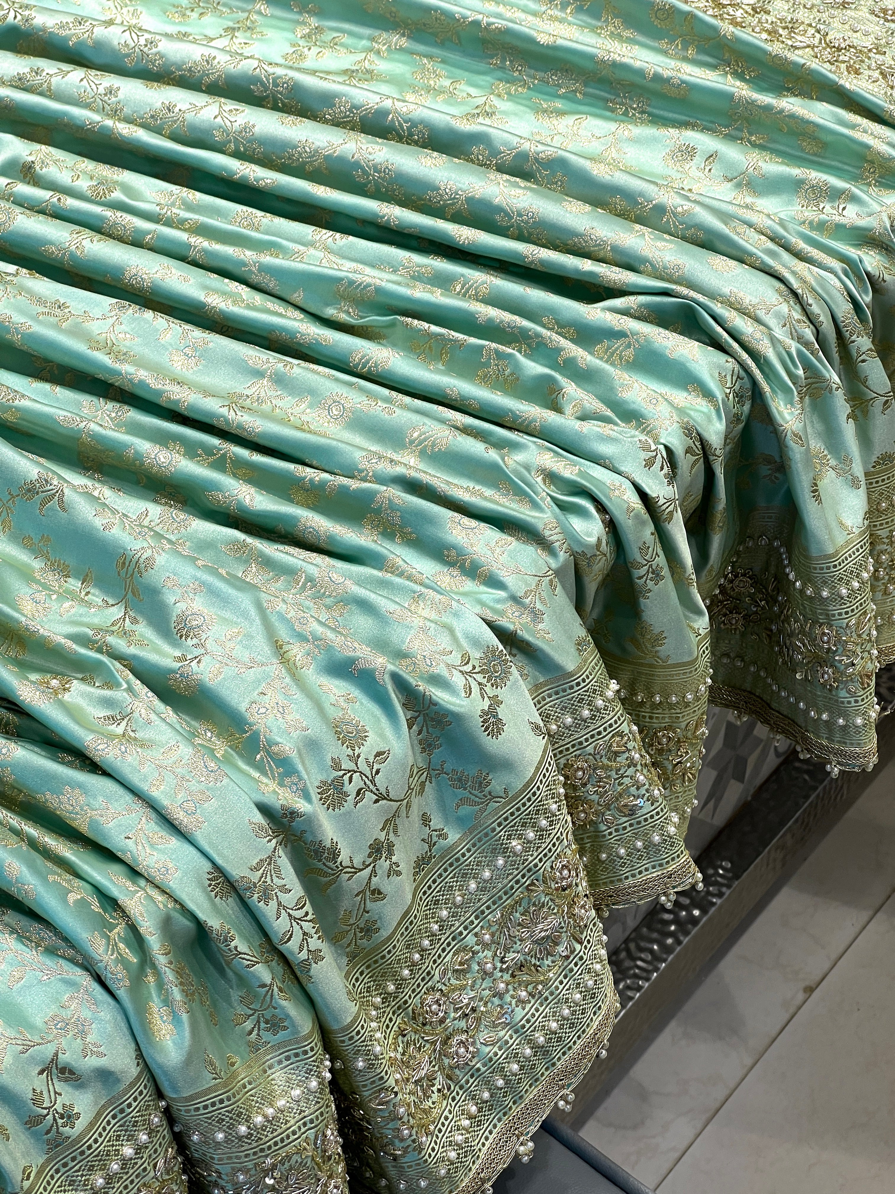 Green Banarasi Silk Jaal Moti Hand Embroidery Saree