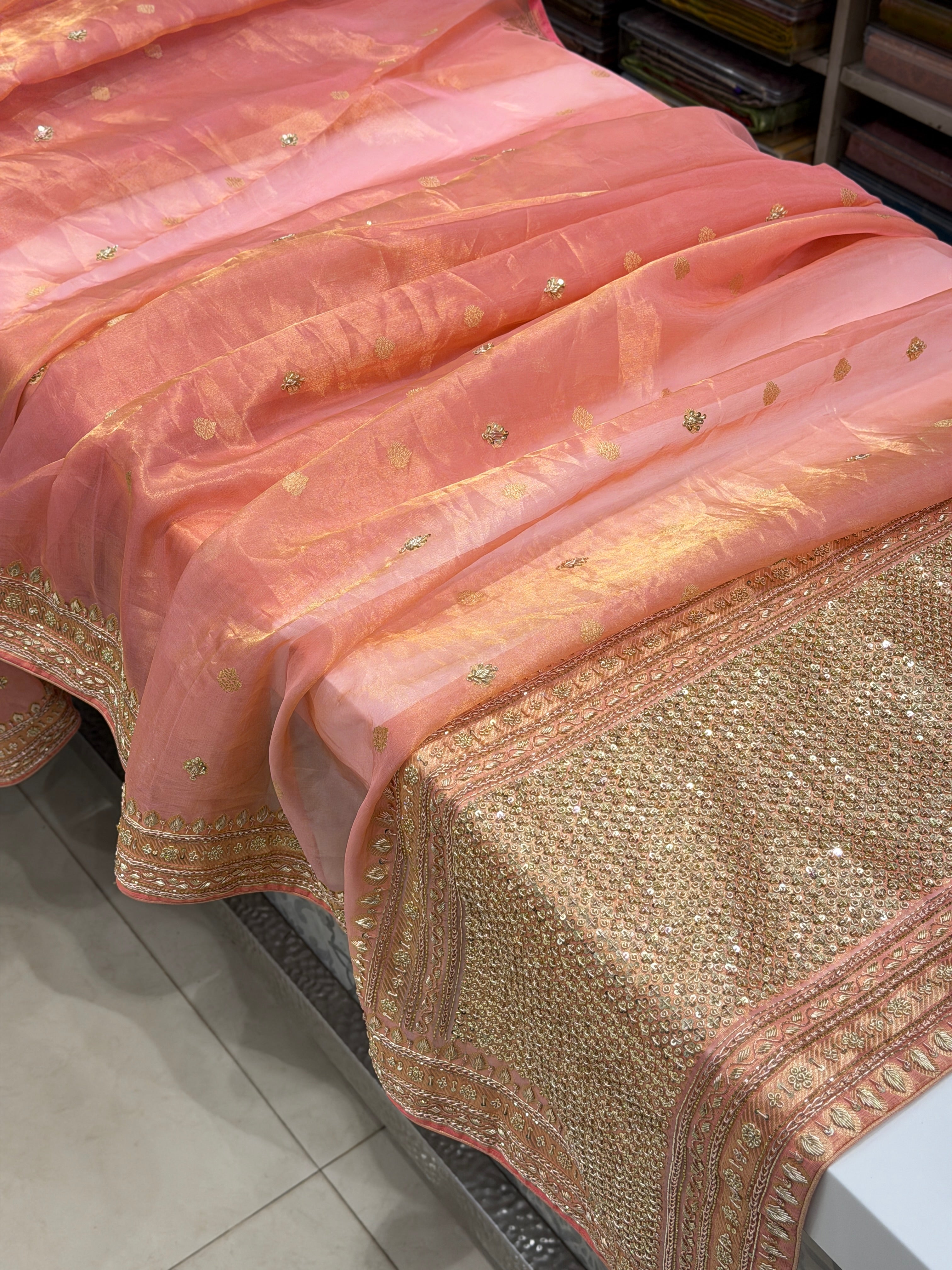 Pink Banarasi Tissue Handloom Kadwa Weave Zardosi Embroidery Saree