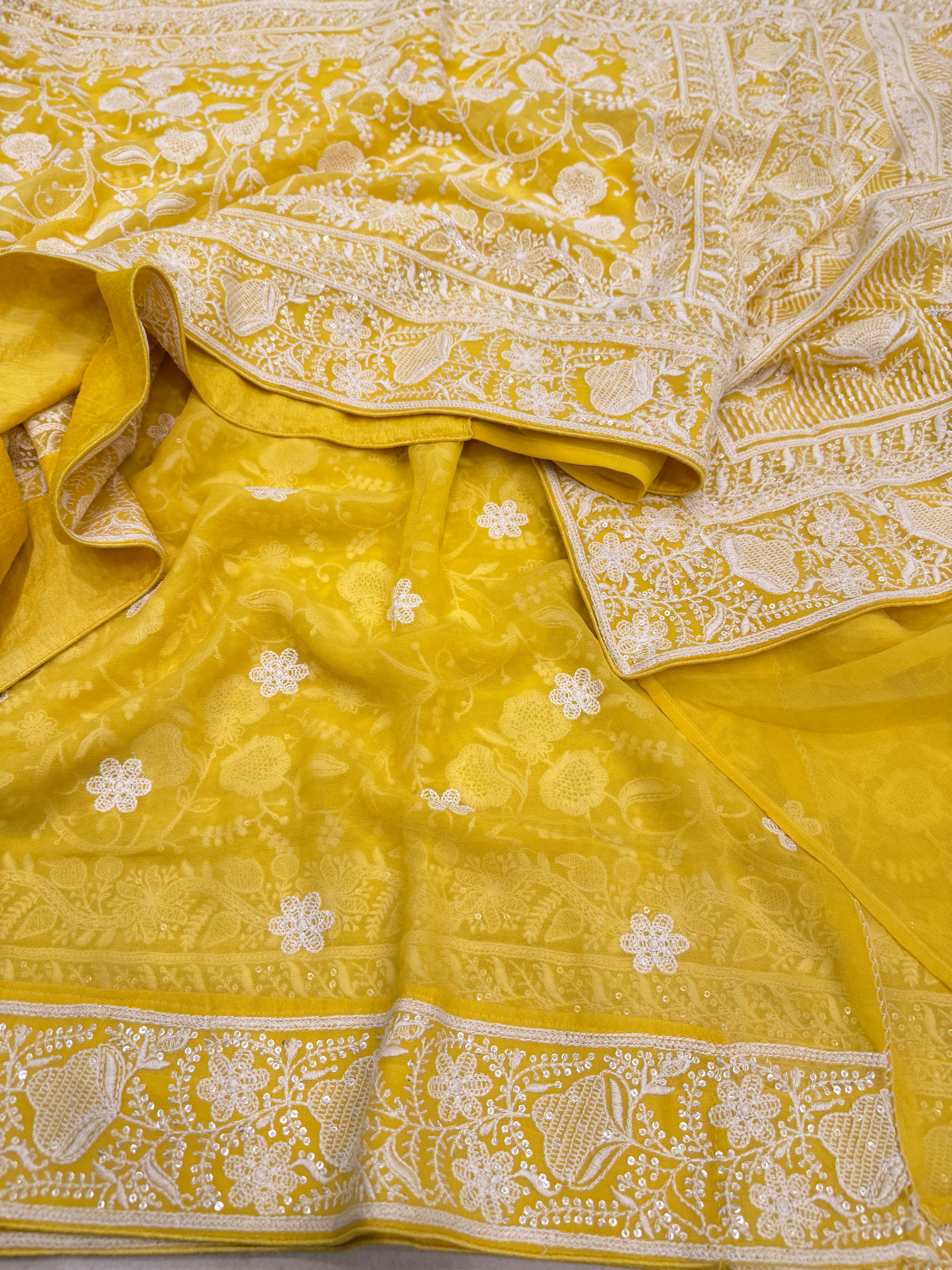 Yellow Georgette Chikankari Resham Saree
