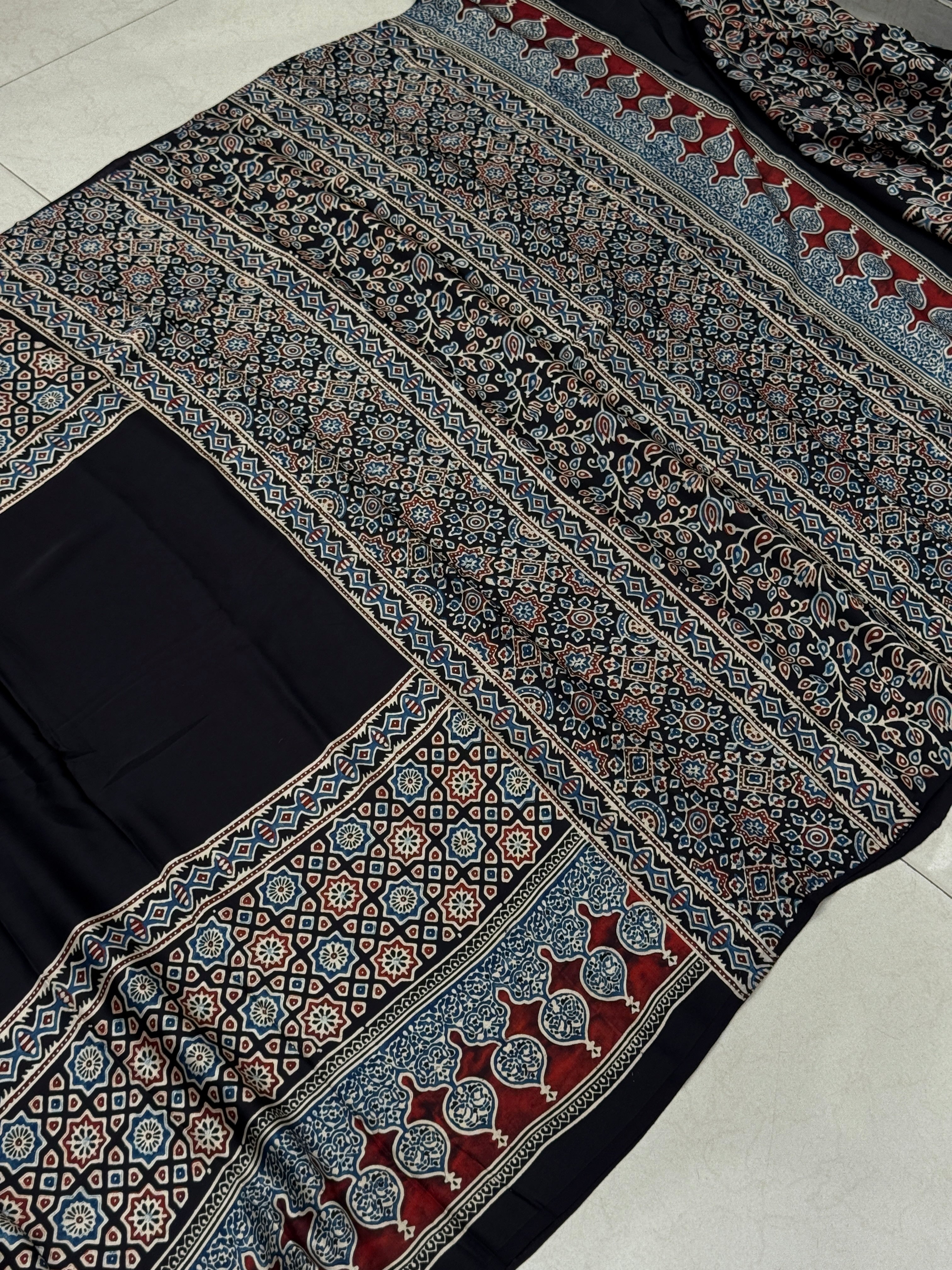 Black Block Star Butti Ajrakh Modal Gajji Silk Saree