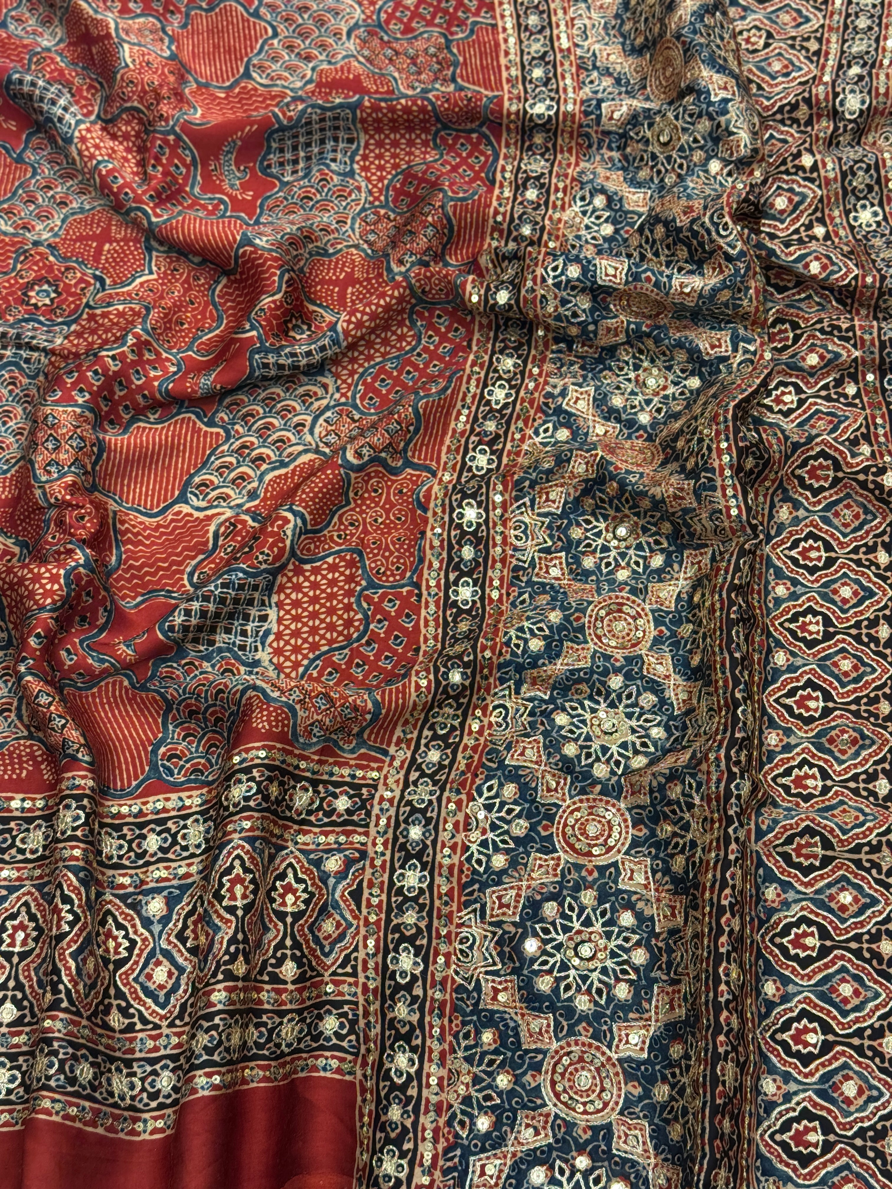 Red Blue Abstract Pita Sequin Ajrakh Hand Embroidery Saree