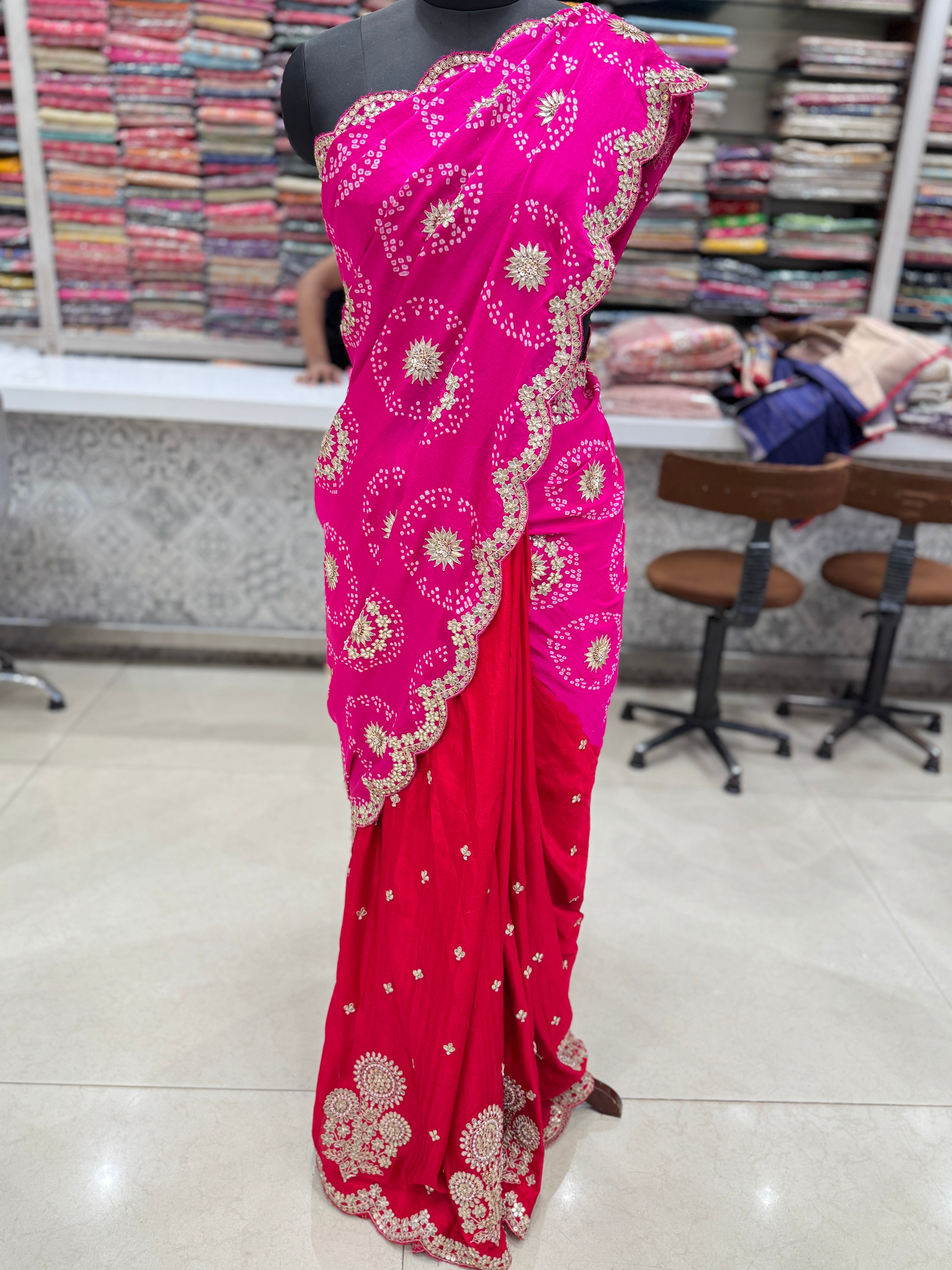 Rani Red Gajji Silk Bandhej Marodi Gotapatti Saree