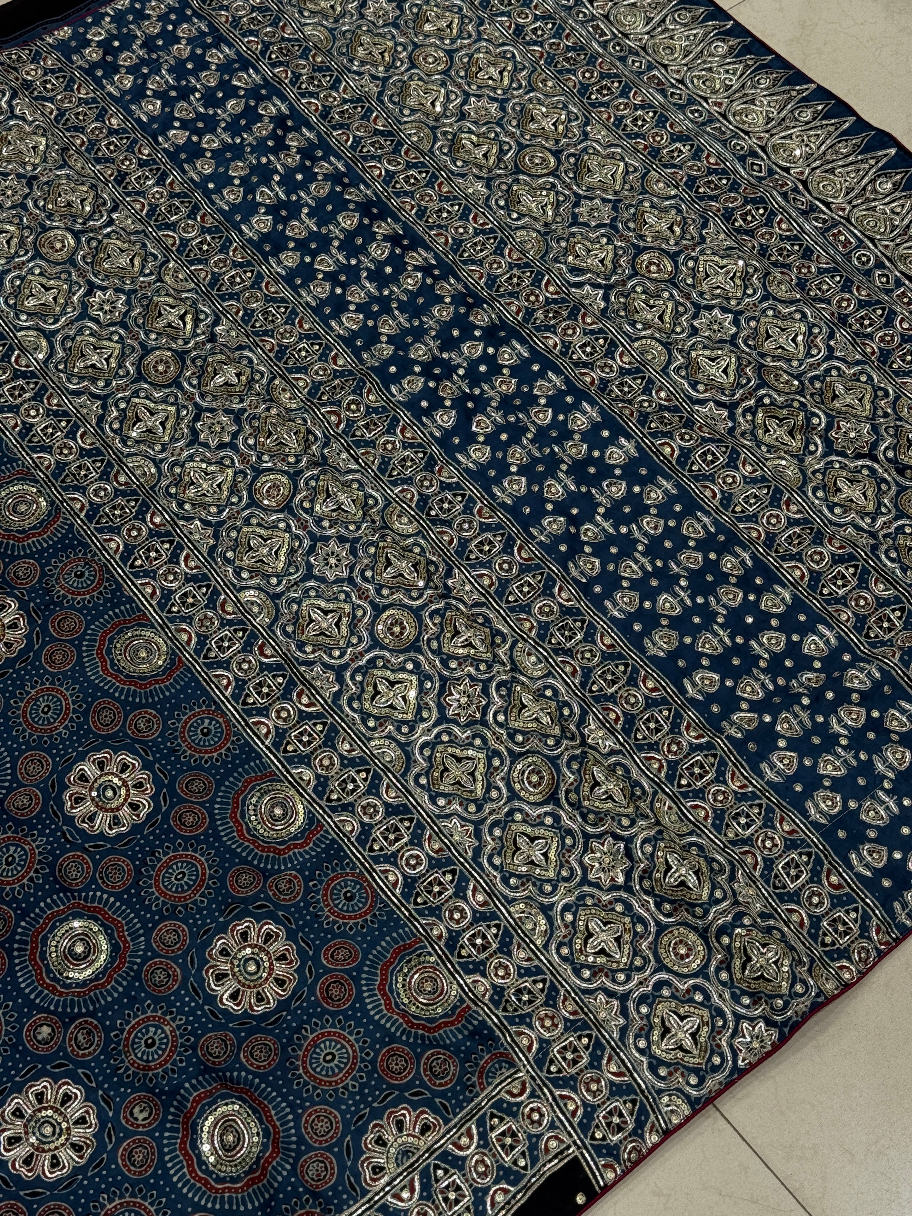 Blue Ajrakh Badam Buttas Pita Sequin Moti Hand Embroidery Saree