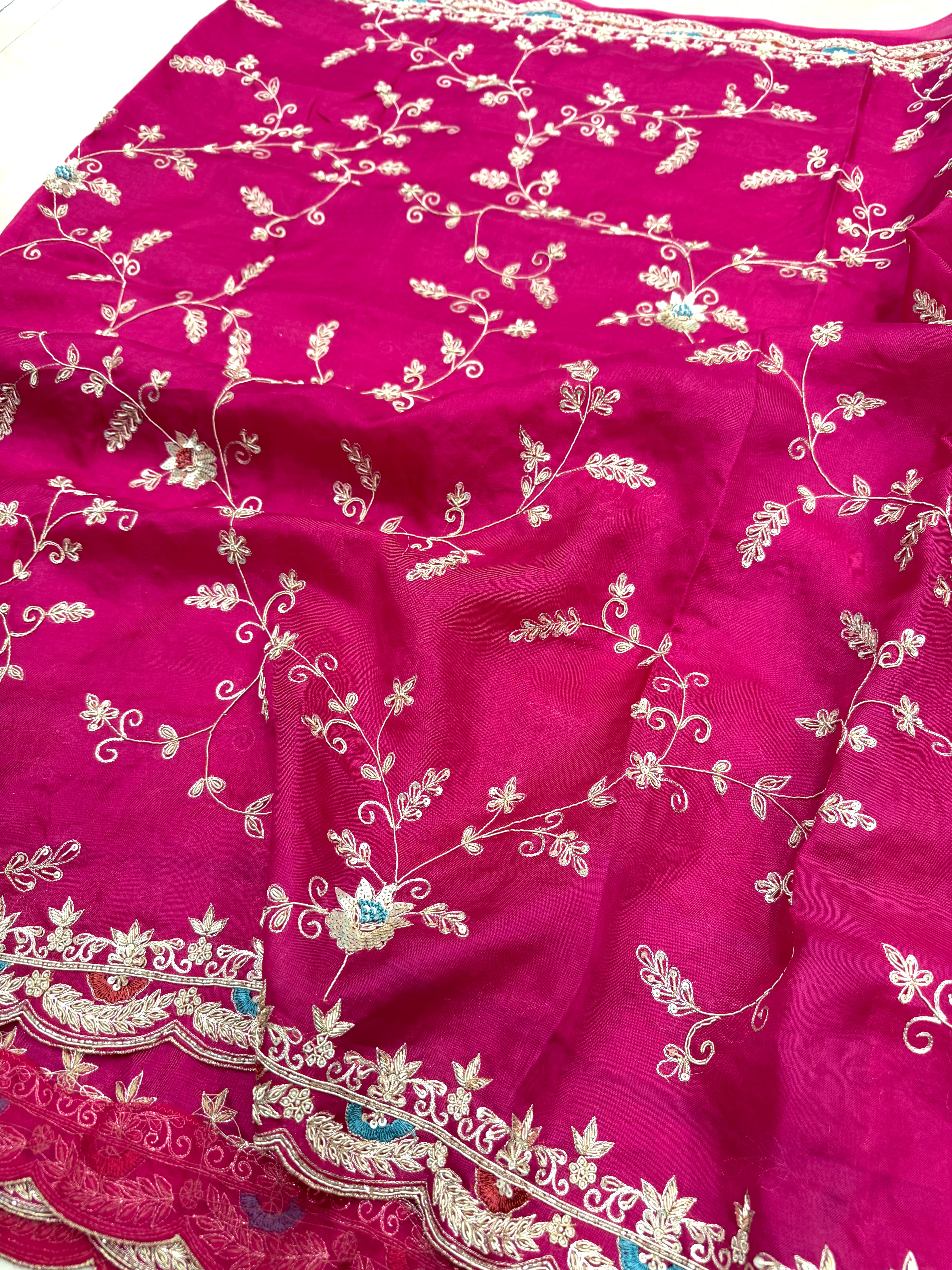 Rani Pink Organza Zardosi Resham Jaal Hand Embroidery Saree