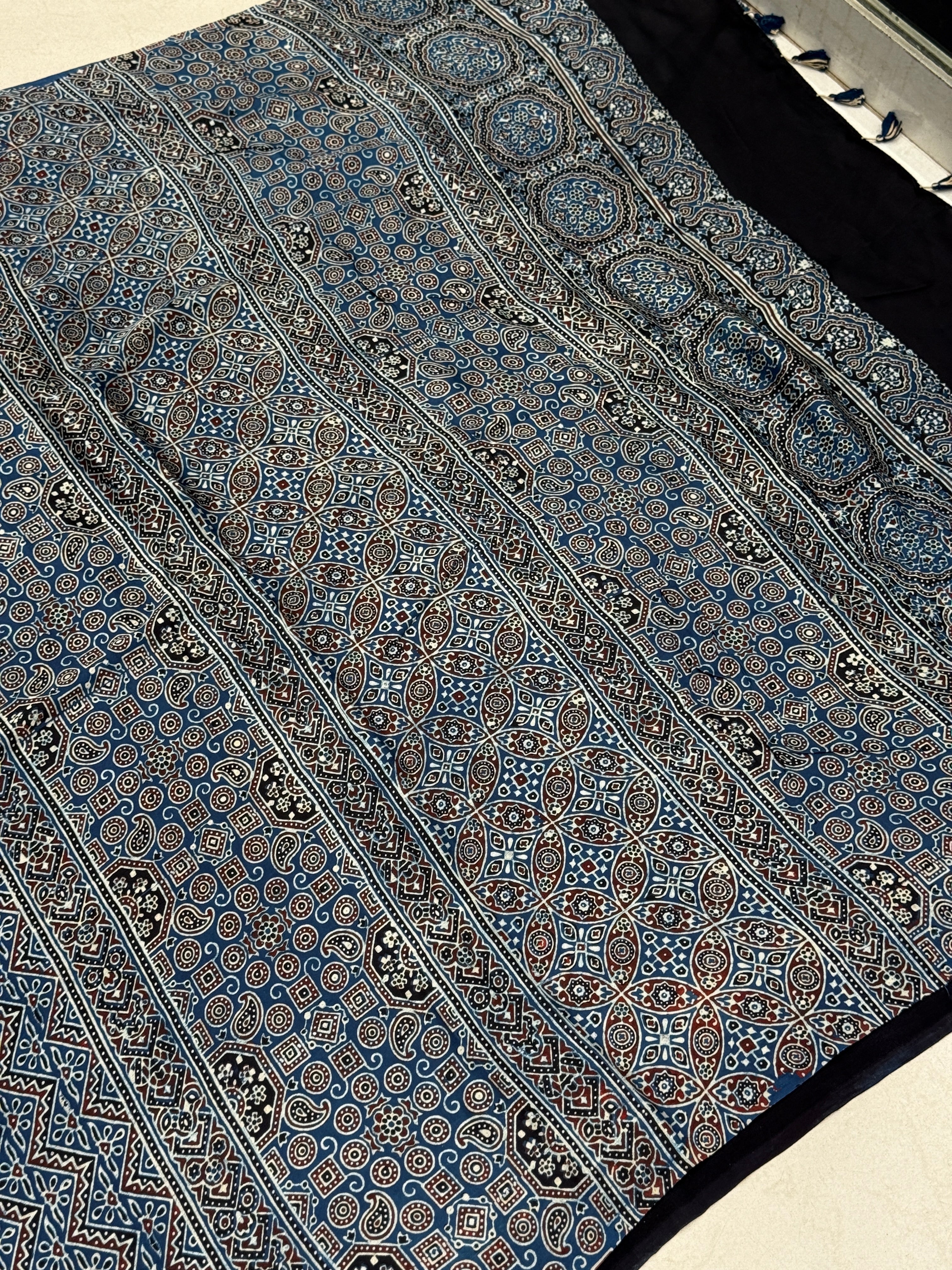 Blue Zig Zag Jaal Ajrakh Block Print Hand Pure Gajji Silk Saree