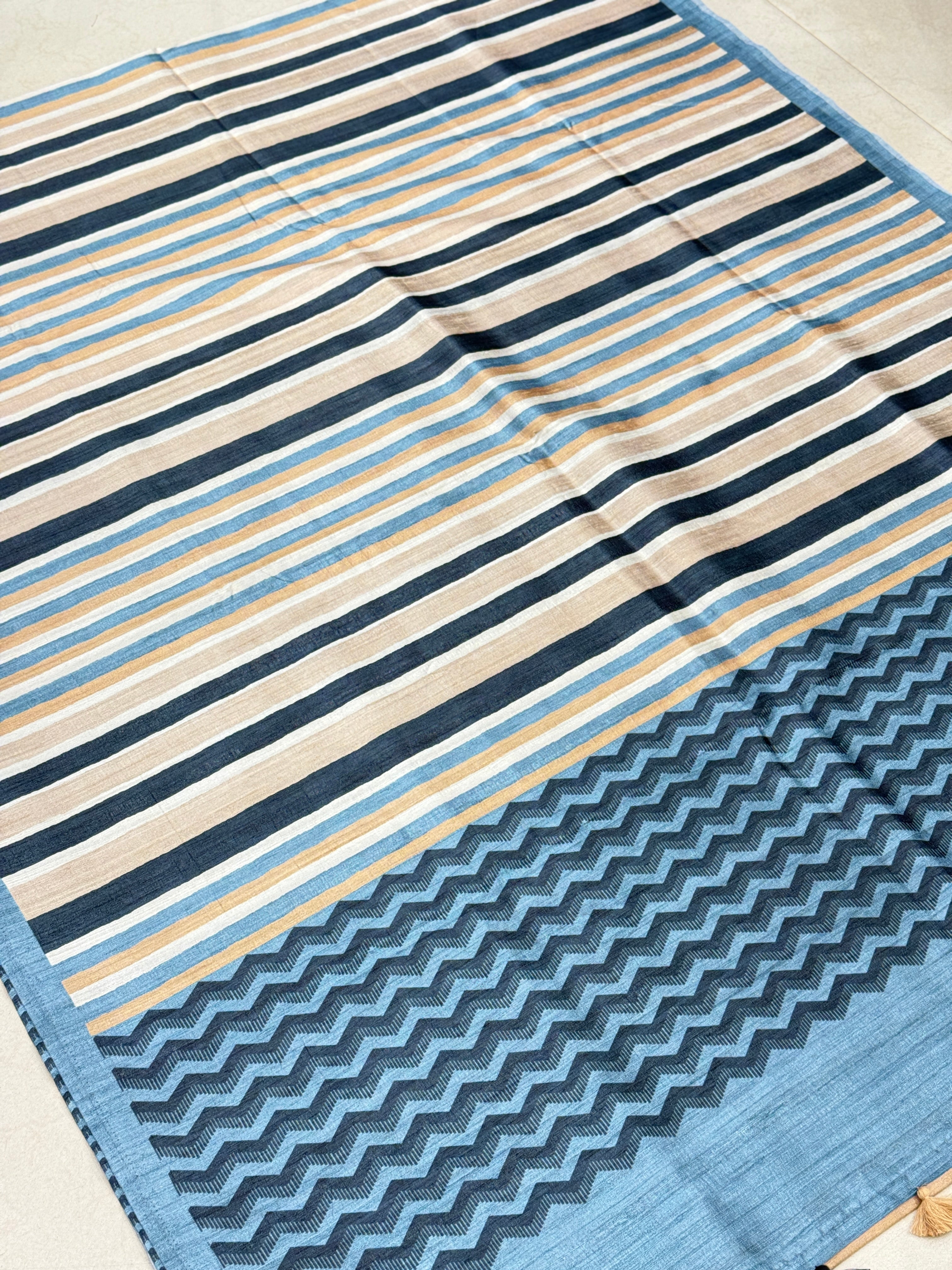 Beige Blue Contemporary Printed Tussor Saree
