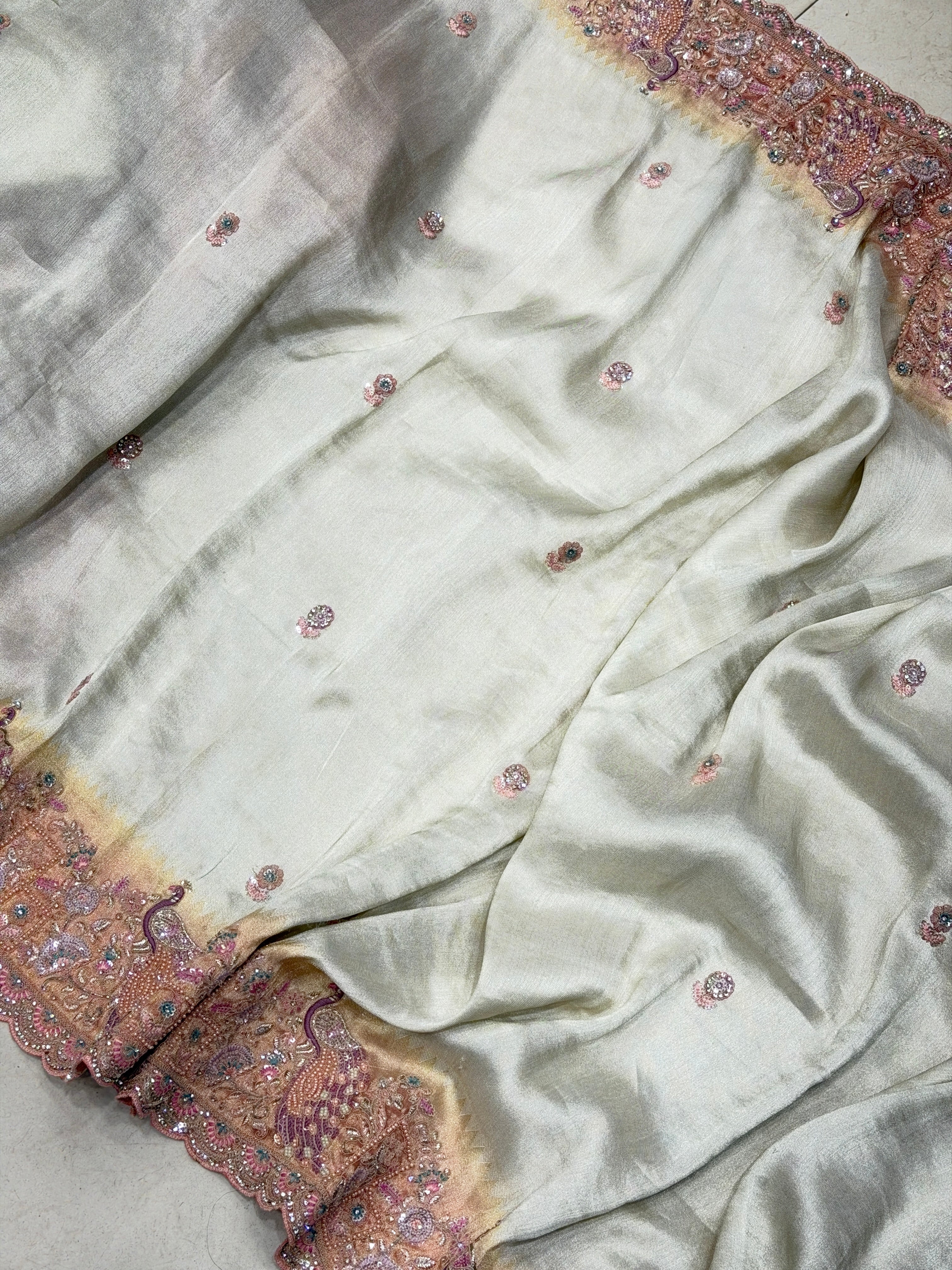 Silver Light Pink Soft Tissue Weaved Moti Embroidery Saree