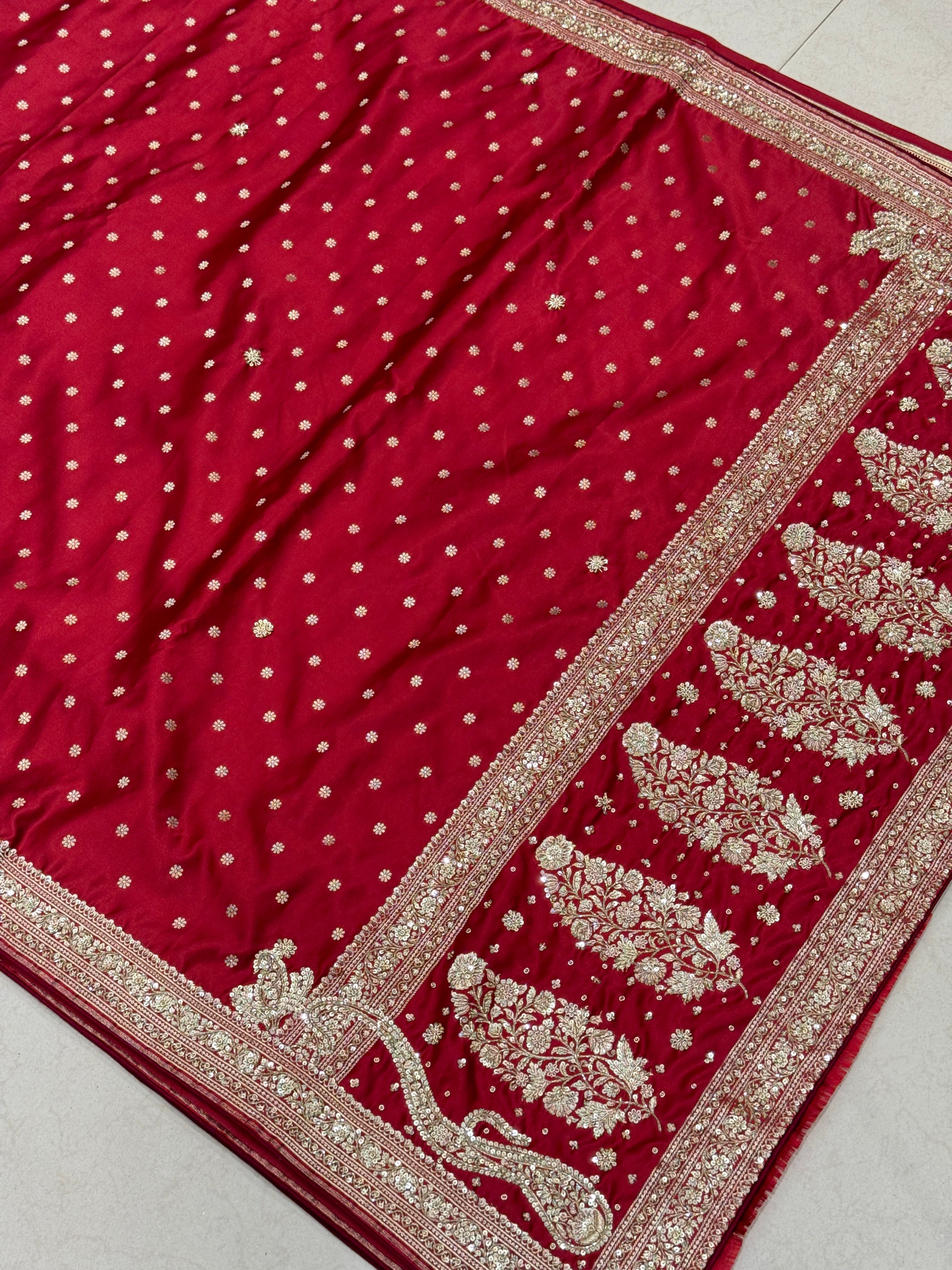 Maroon Banarasi Star Butti Hand Done Zardozi Saree