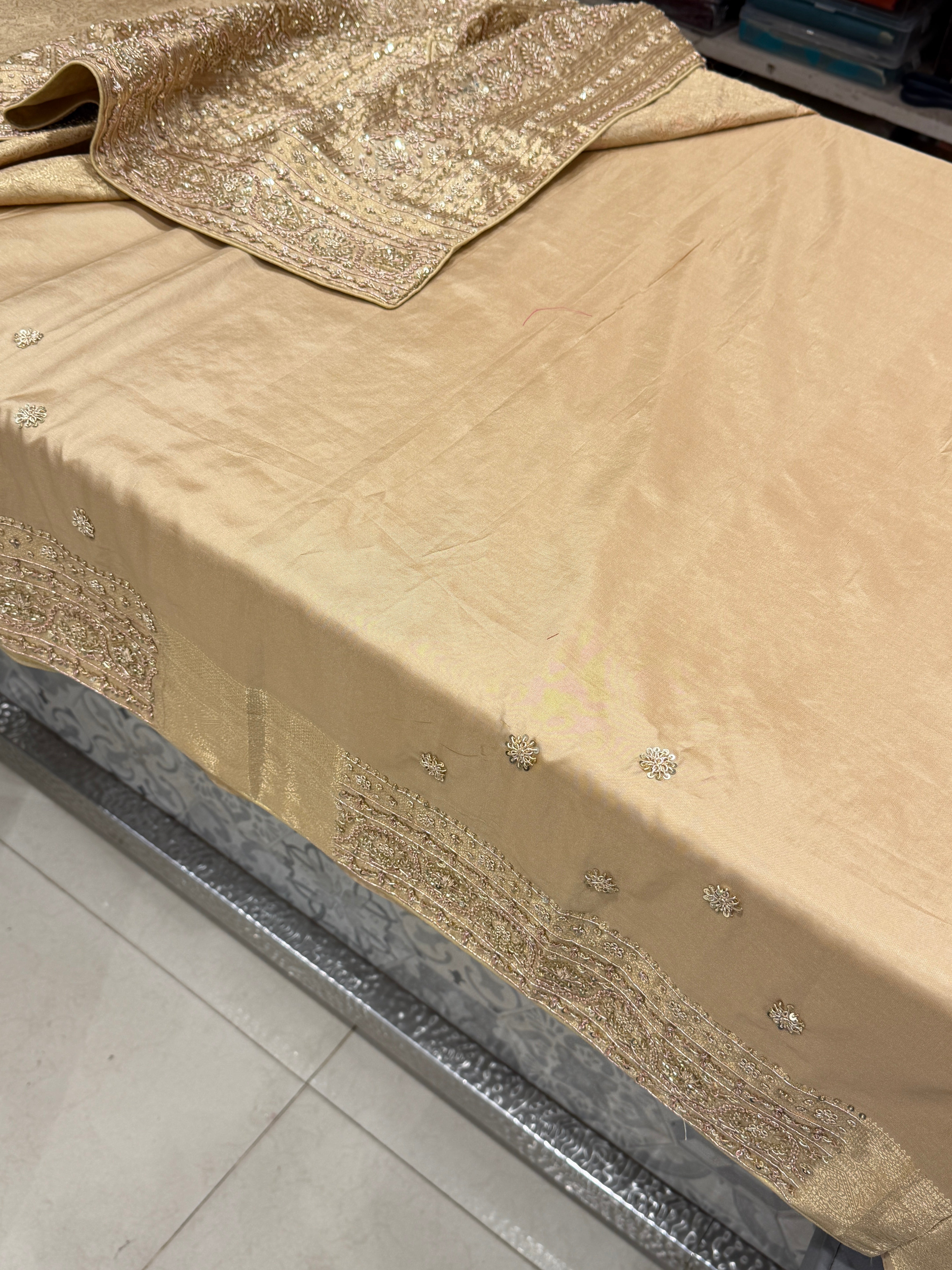 Beige Gold Kanjivaram Zardosi Hand Embroidery Saree