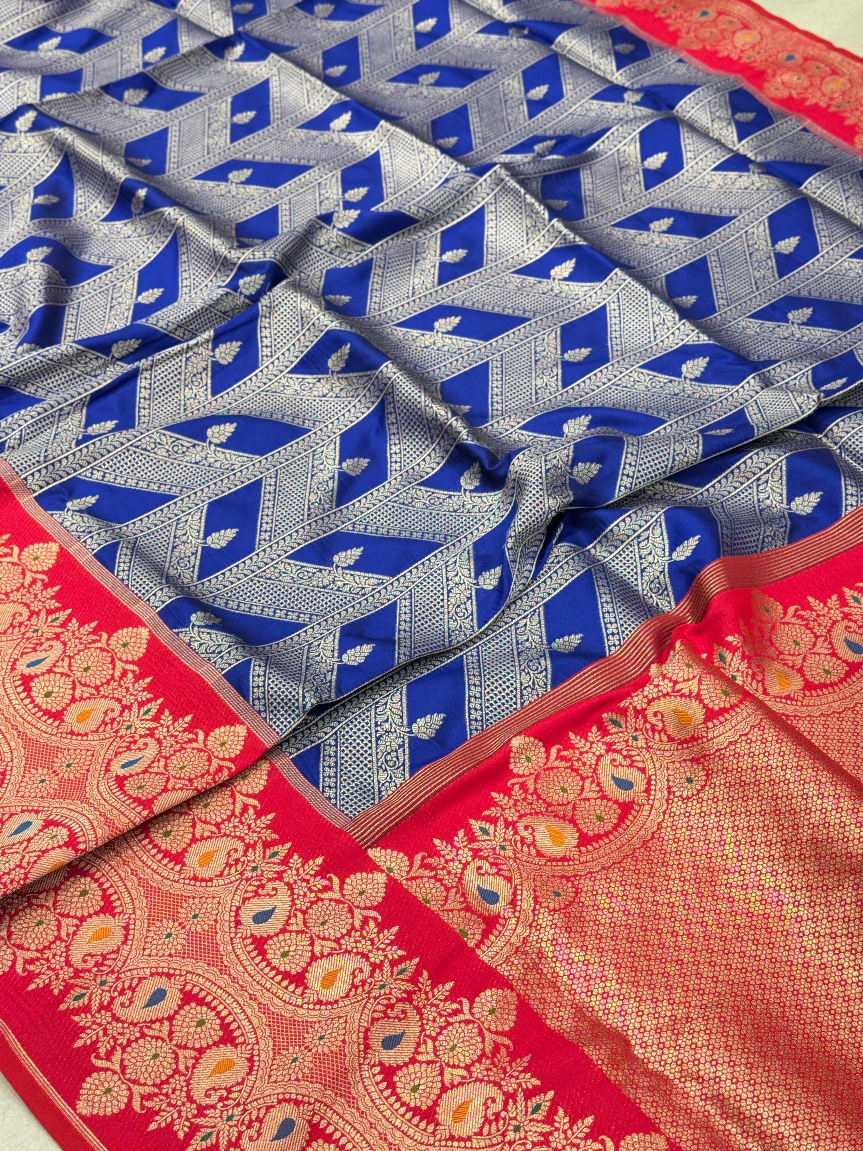 Royal Blue Contemporary Red Border Banarasi Silk Saree