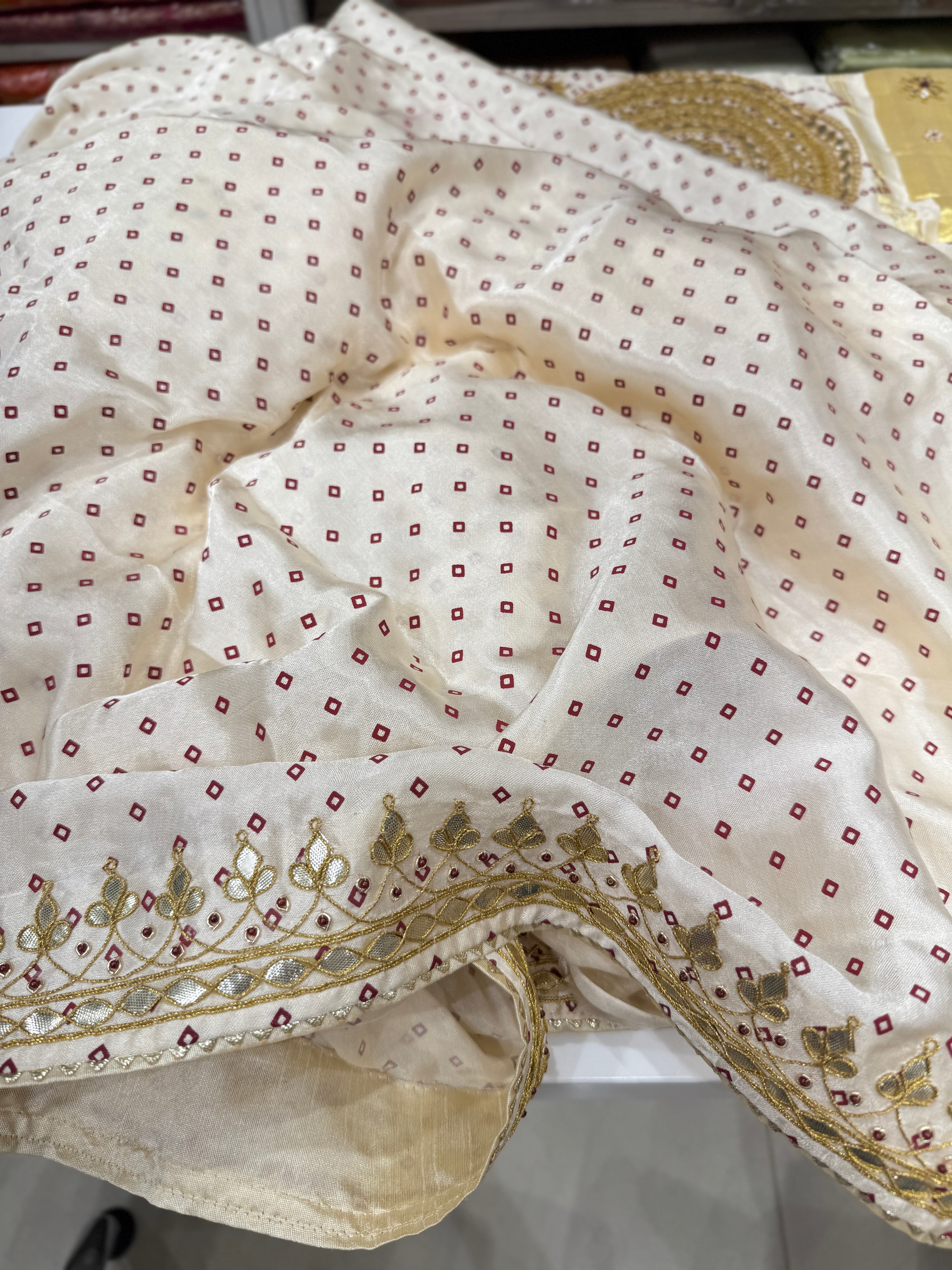 Moti White Gajji Silk Bandhej Print Hand Embroidery Gotapatti Work Saree