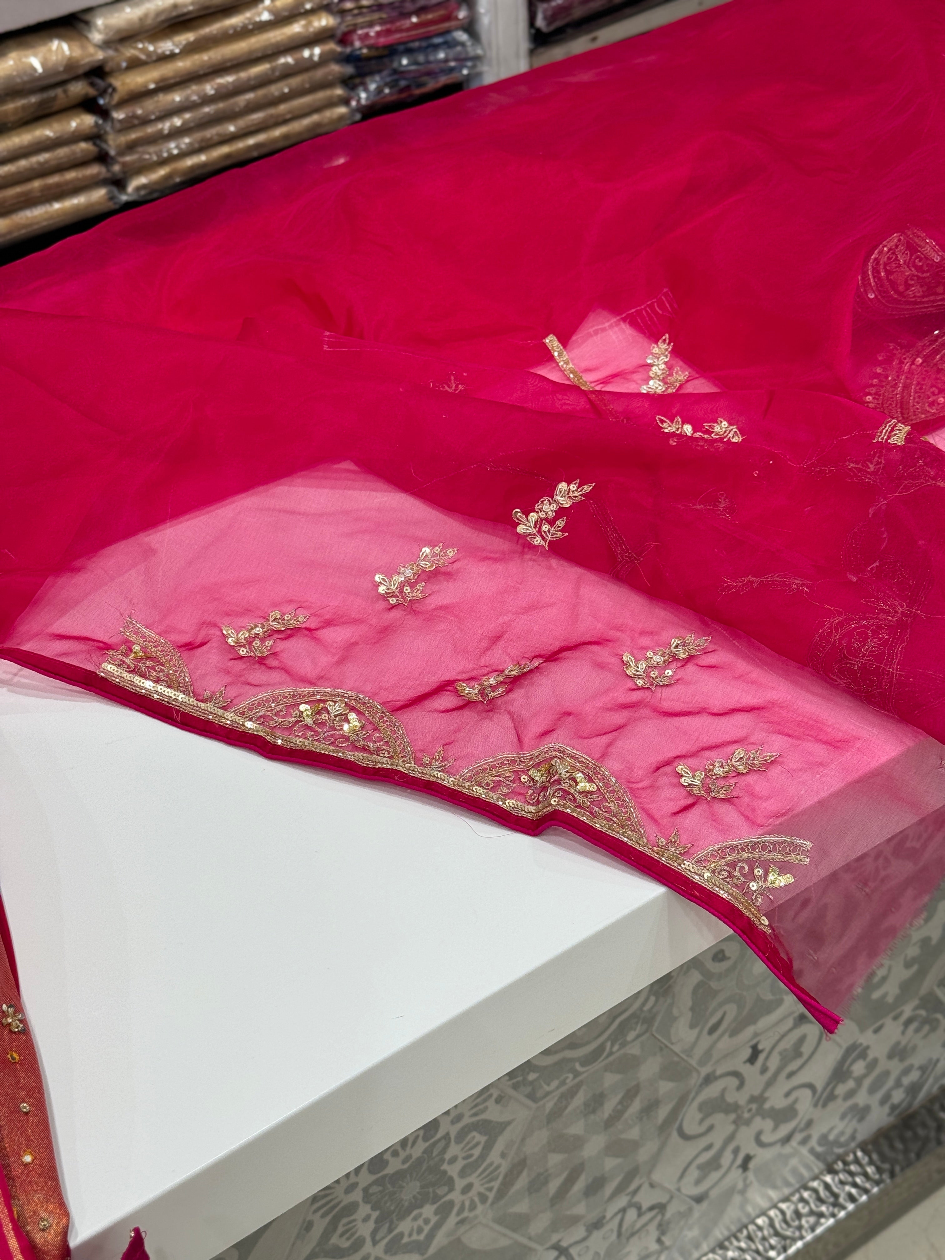 Rani Pink Organza Pita Embroidery Shoulder Butta Saree