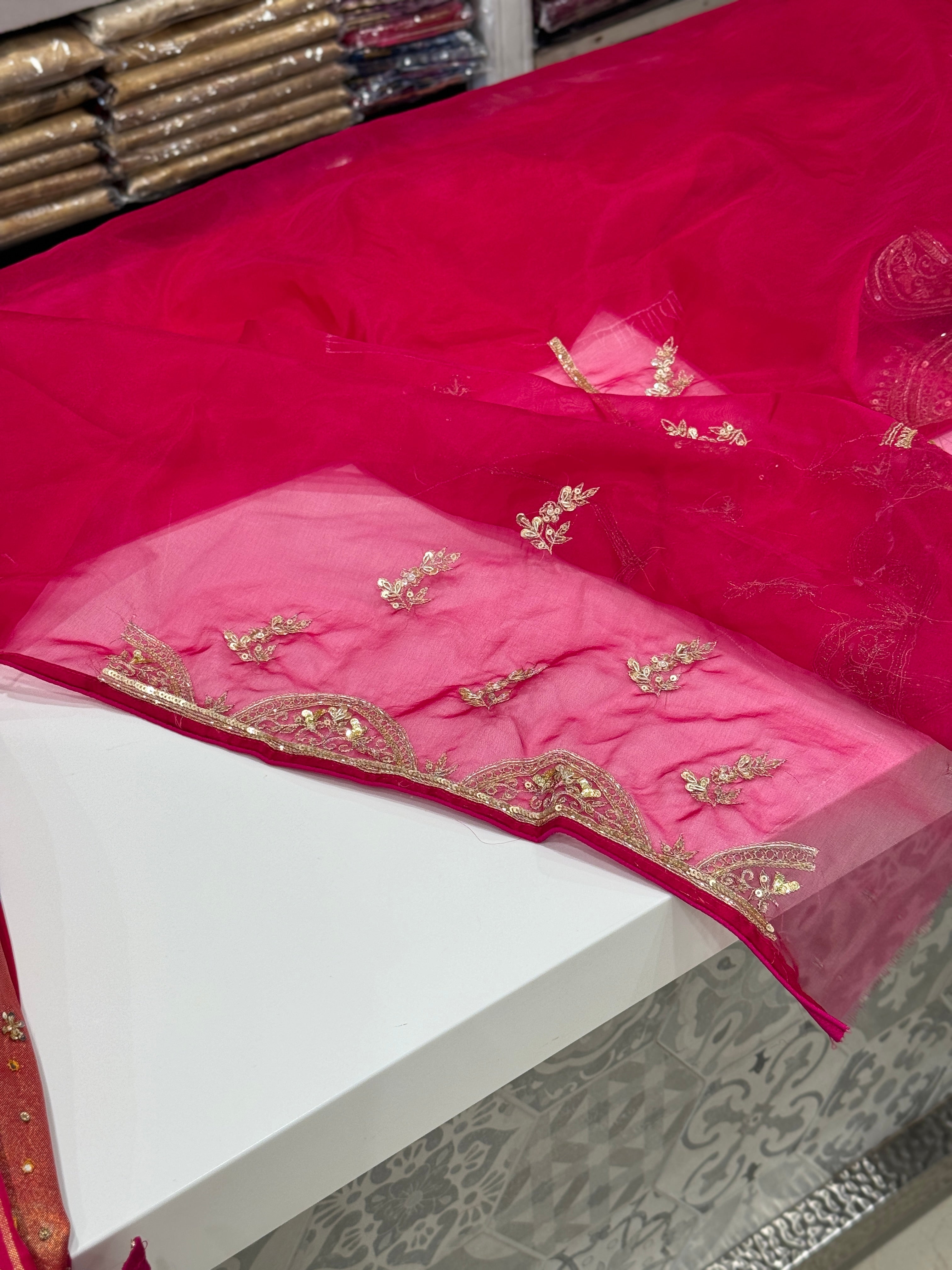 Rani Pink Organza Pita Embroidery Saree