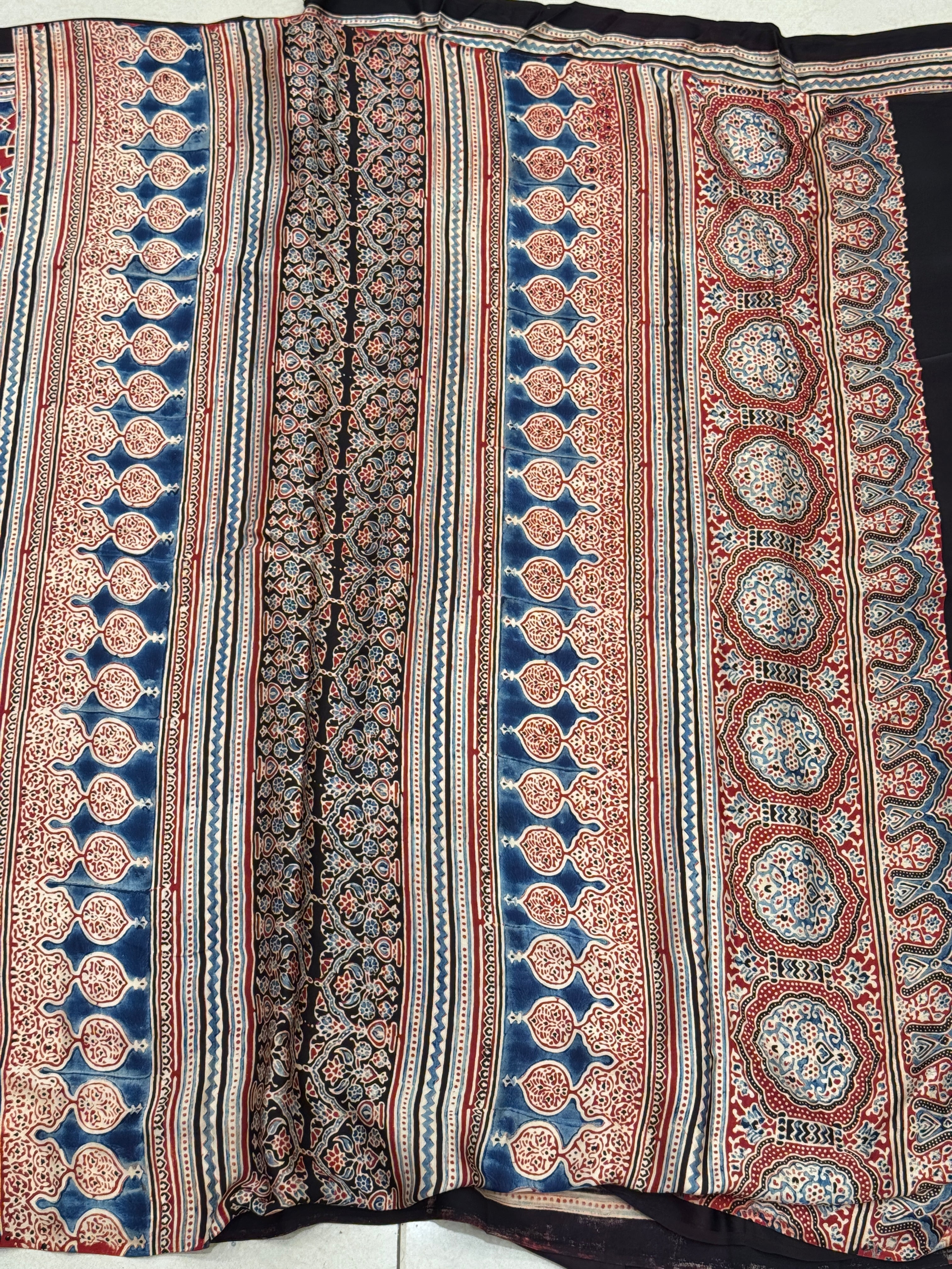Red Contemporary Jaal Ajrakh Gajji Silk Hand Block Print Saree