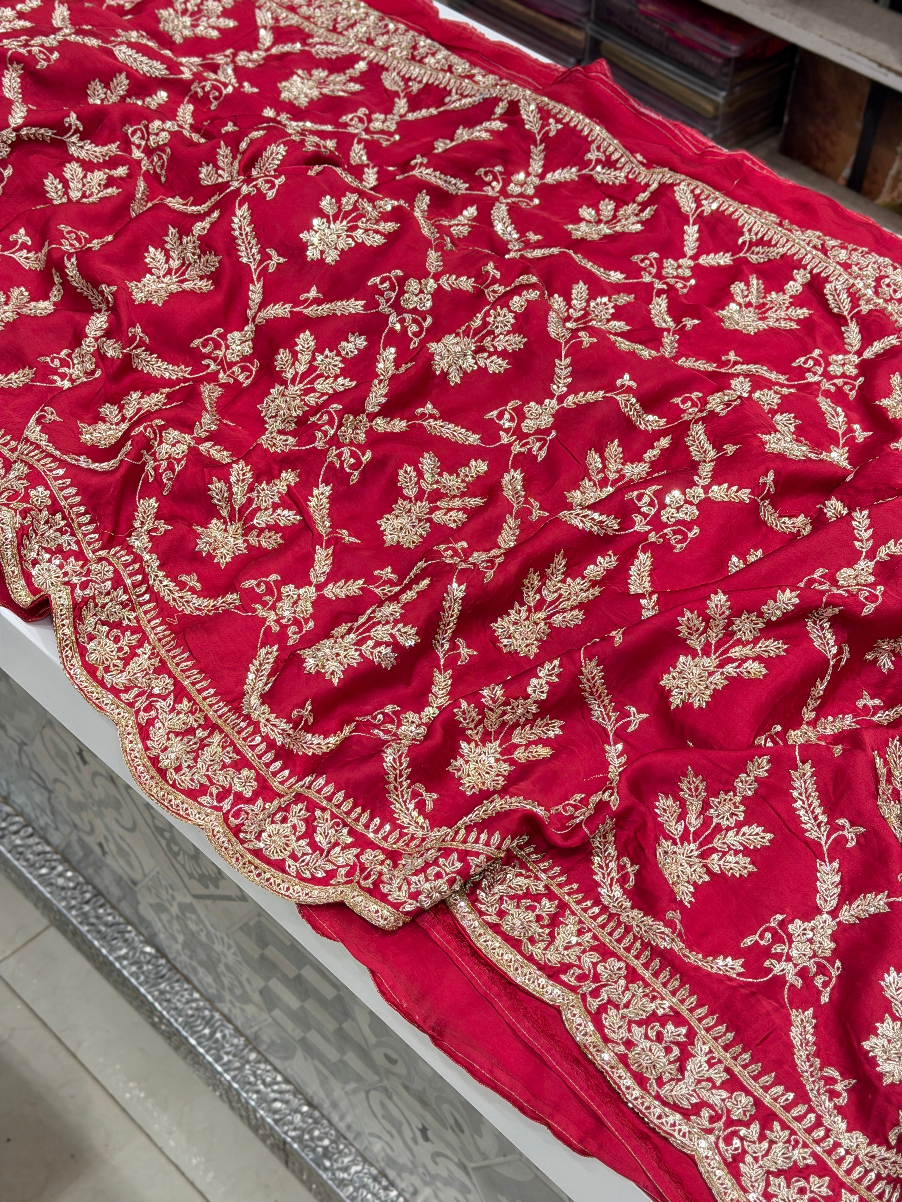 Red Pure Satin Silk Crown Jaal Zardosi Hand Embroidery Jaal Saree