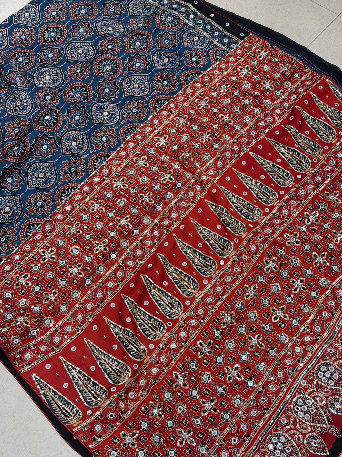 Blue Red Badam Jaal Ajrakh Real Mirror Moti Sequin Hand Embroidery Saree