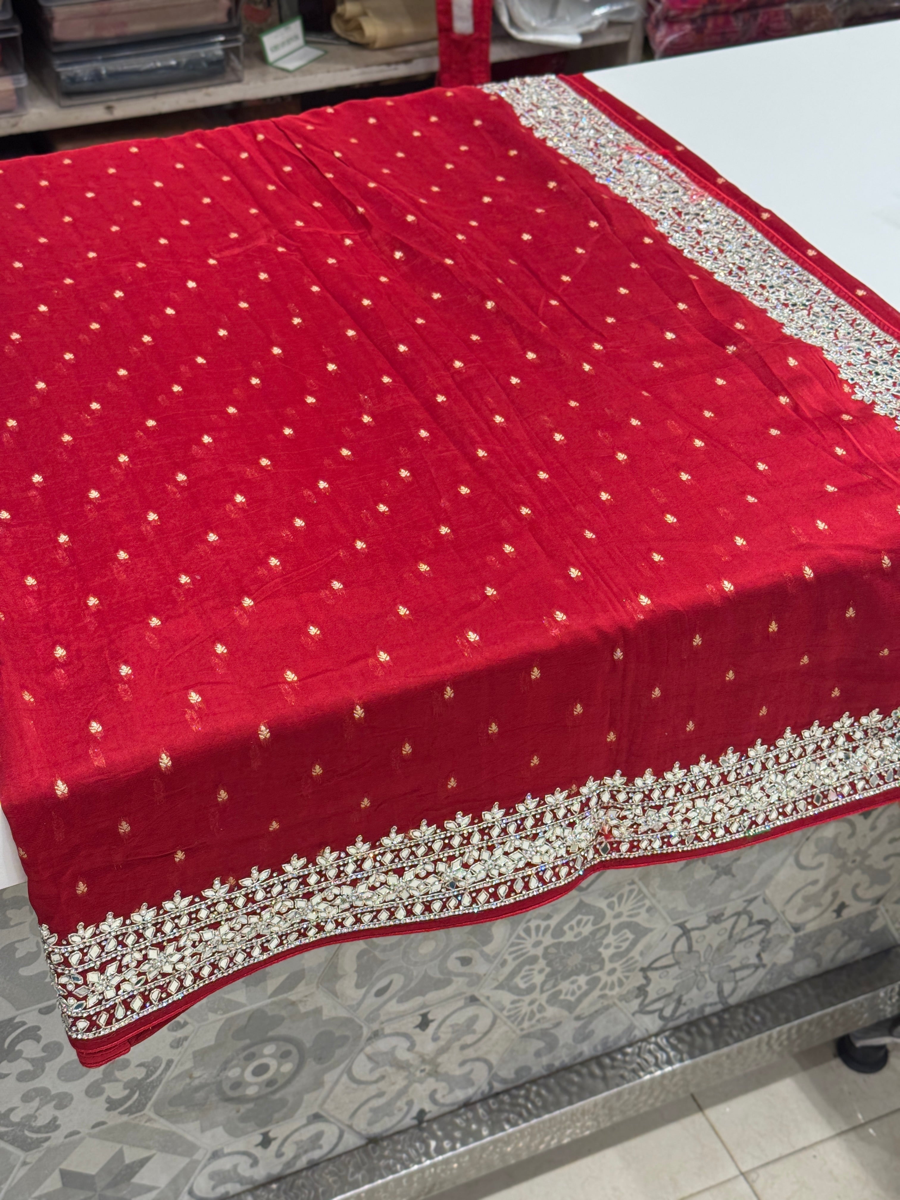Red Satin Organza Mirror Hand Embroidery Saree