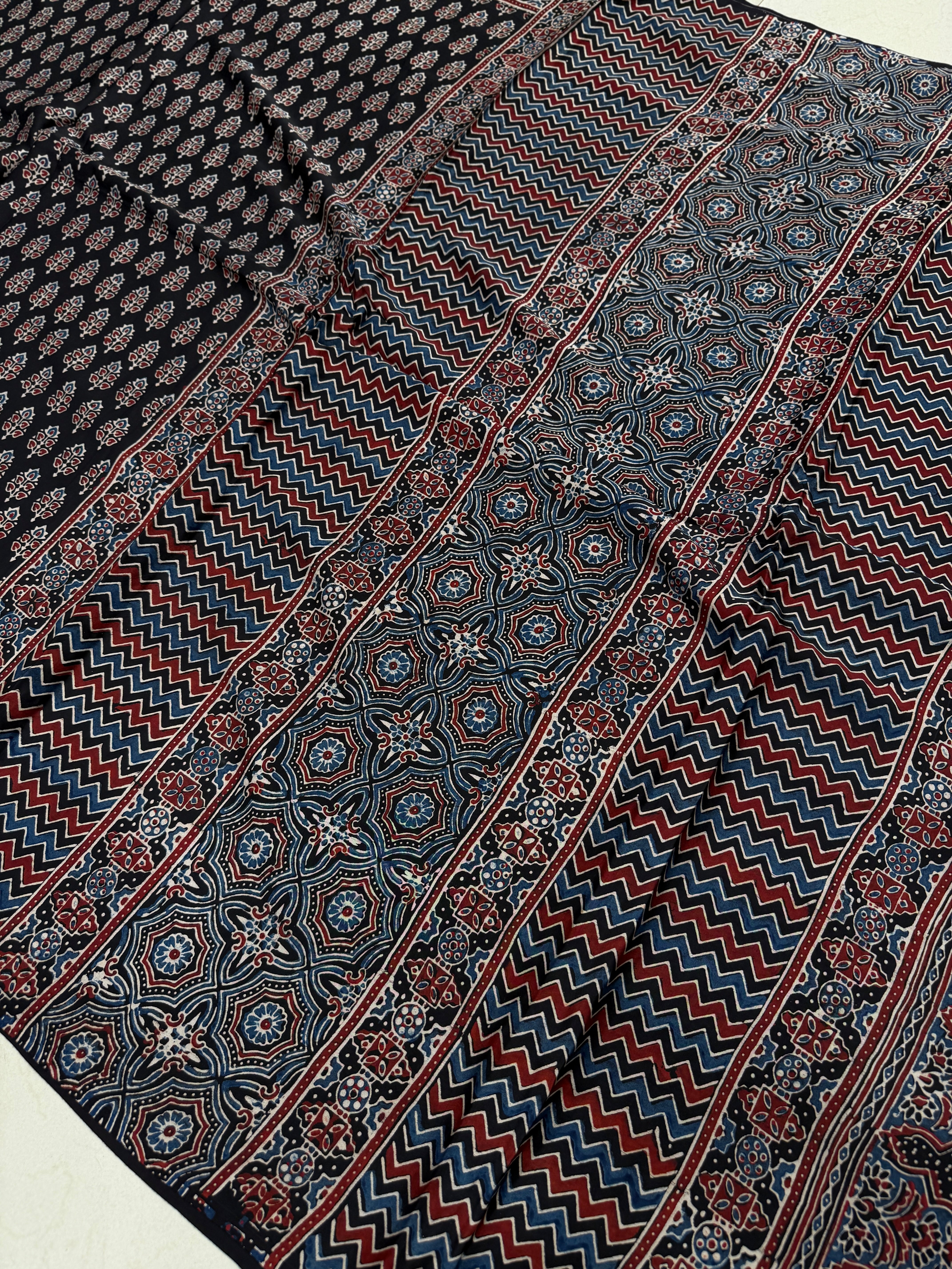 Black Kakkar Buttis Ajrakh Block Print Hand Pure Gajji Silk Saree