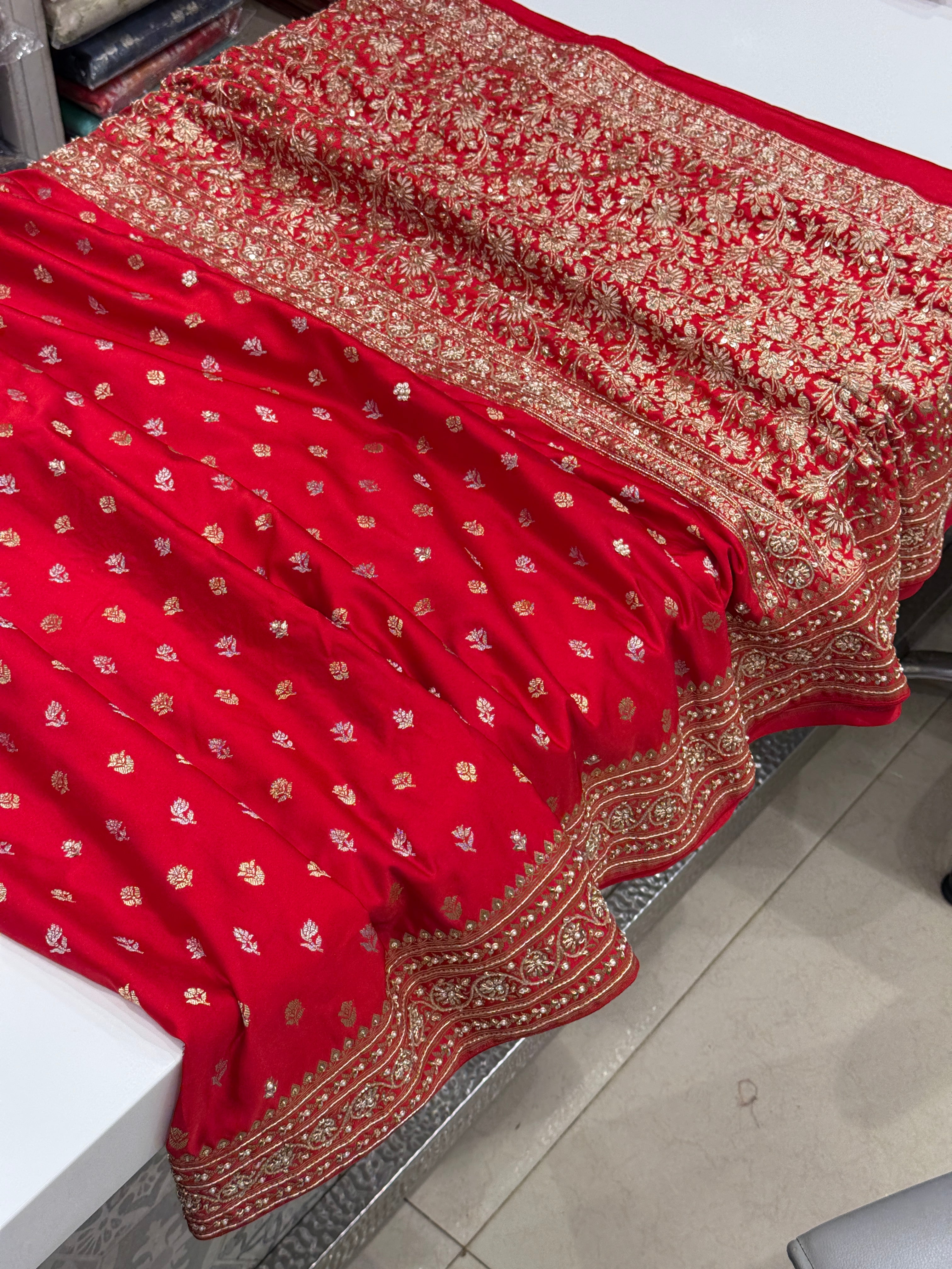 Red Sona Roopa Buttis Zardosi Hand Embroidery Banarasi Saree