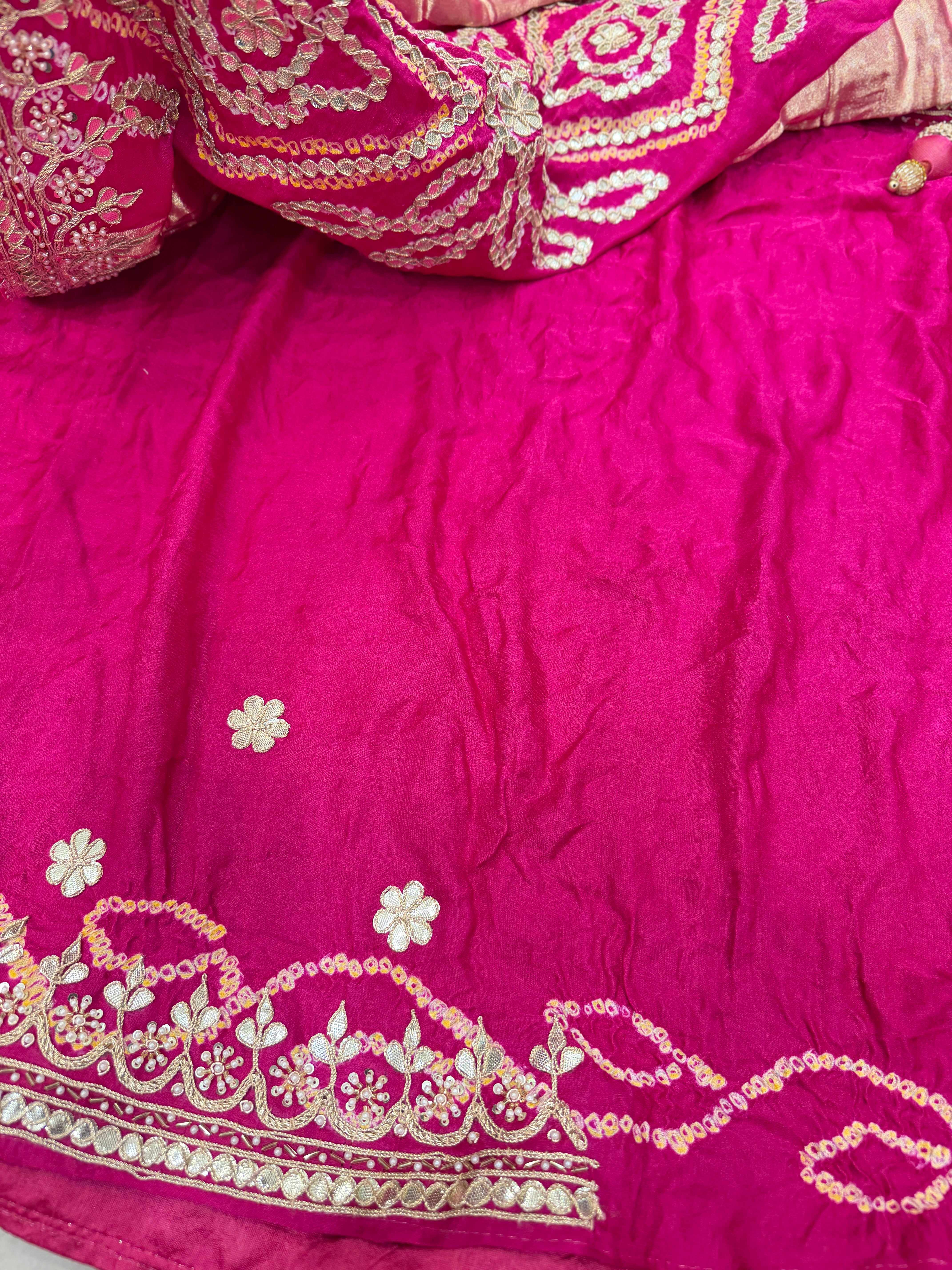 Rani Pink Gajji Silk Bandhej Gotapatti Hand Embroidery Saree
