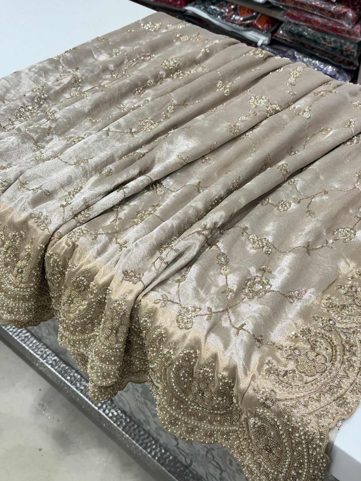 Silver Crepe Tissue Zari Moti Embroidery Jaal Saree