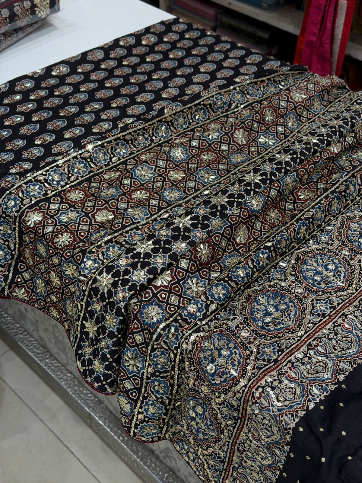 Black Keri Butti Ajrakh Sequin Moti Hand Embroidery Saree