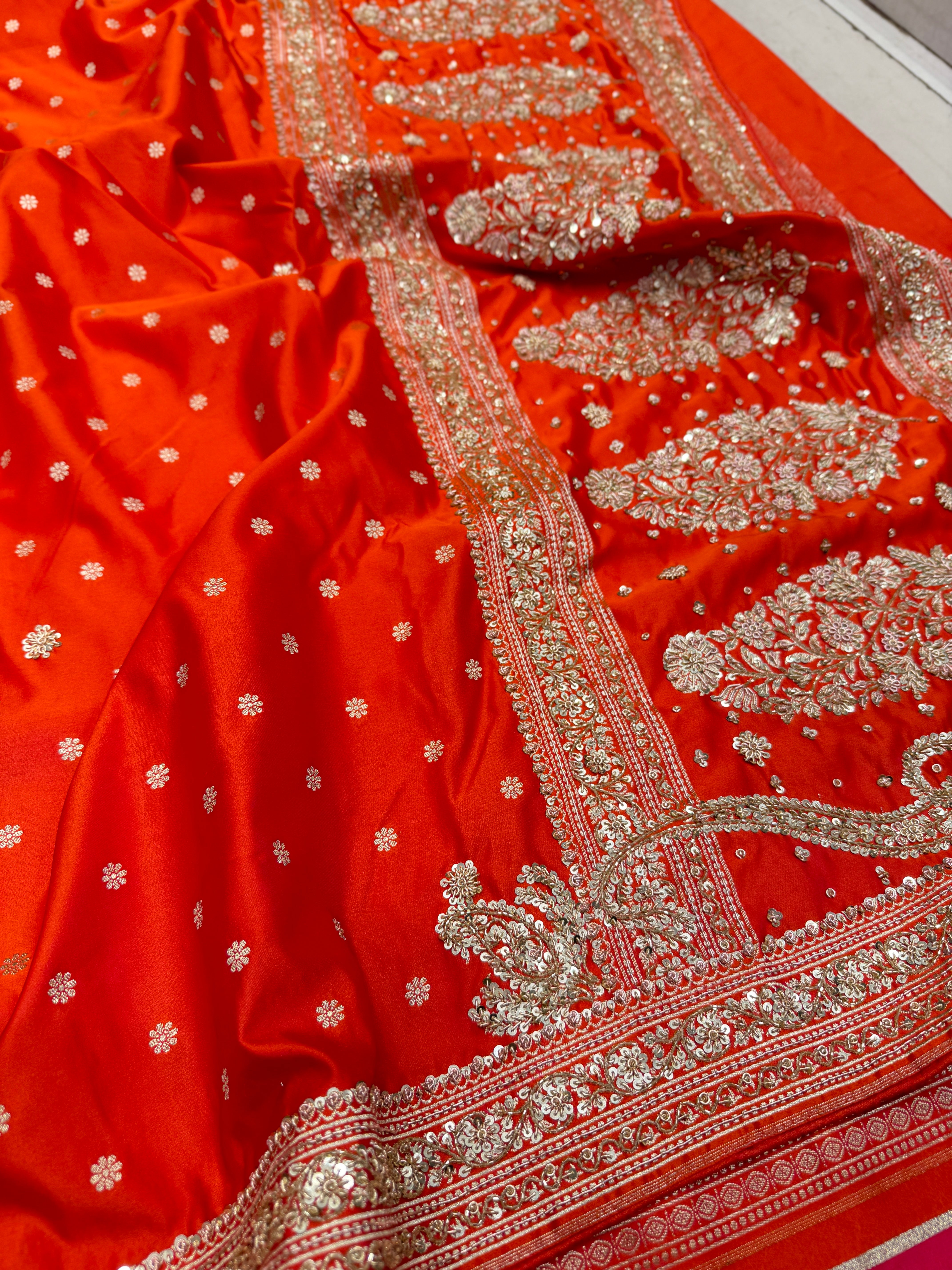 Rust Orange Banarasi Buttis Zardosi Hand Embroidery Saree