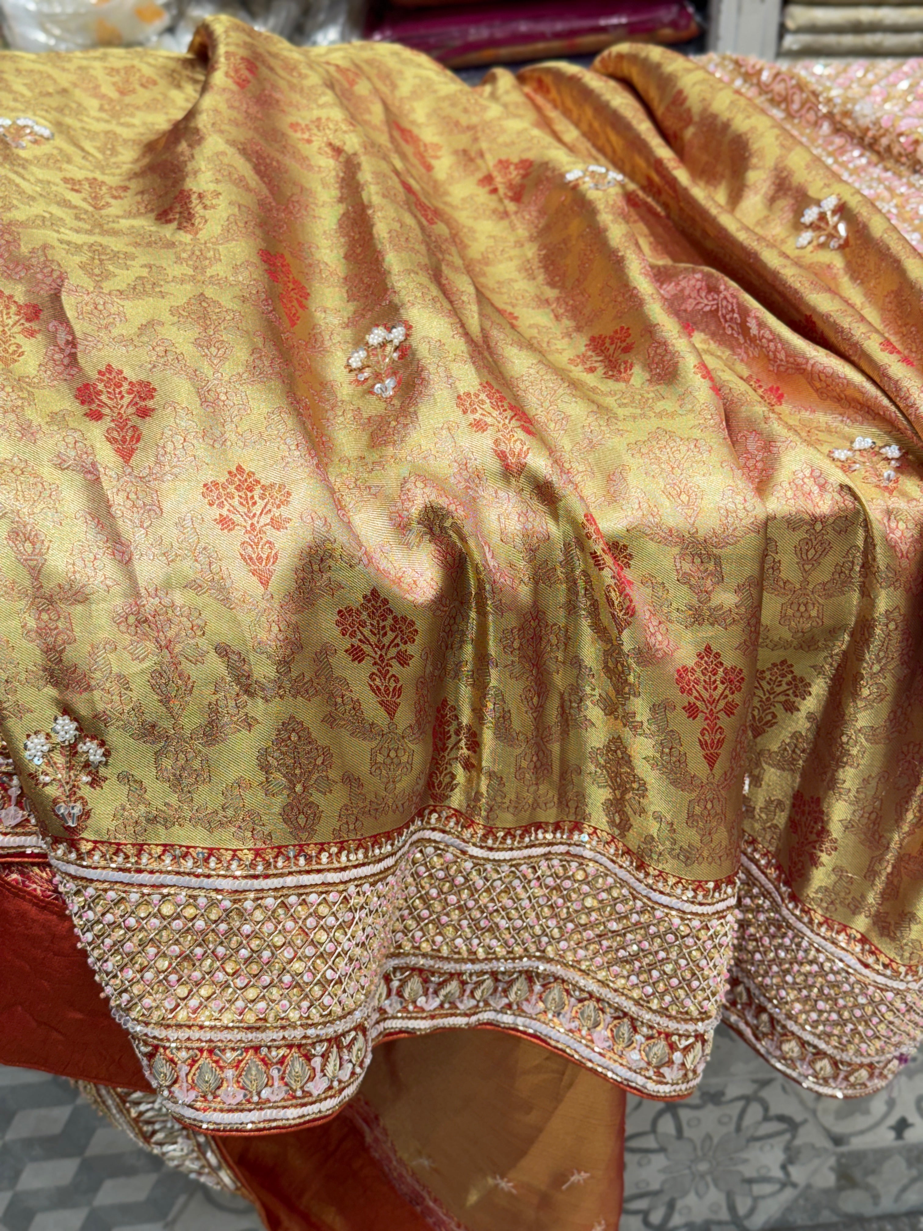 Red Jaal Tissue Kanjivaram Hand Embroidery Saree