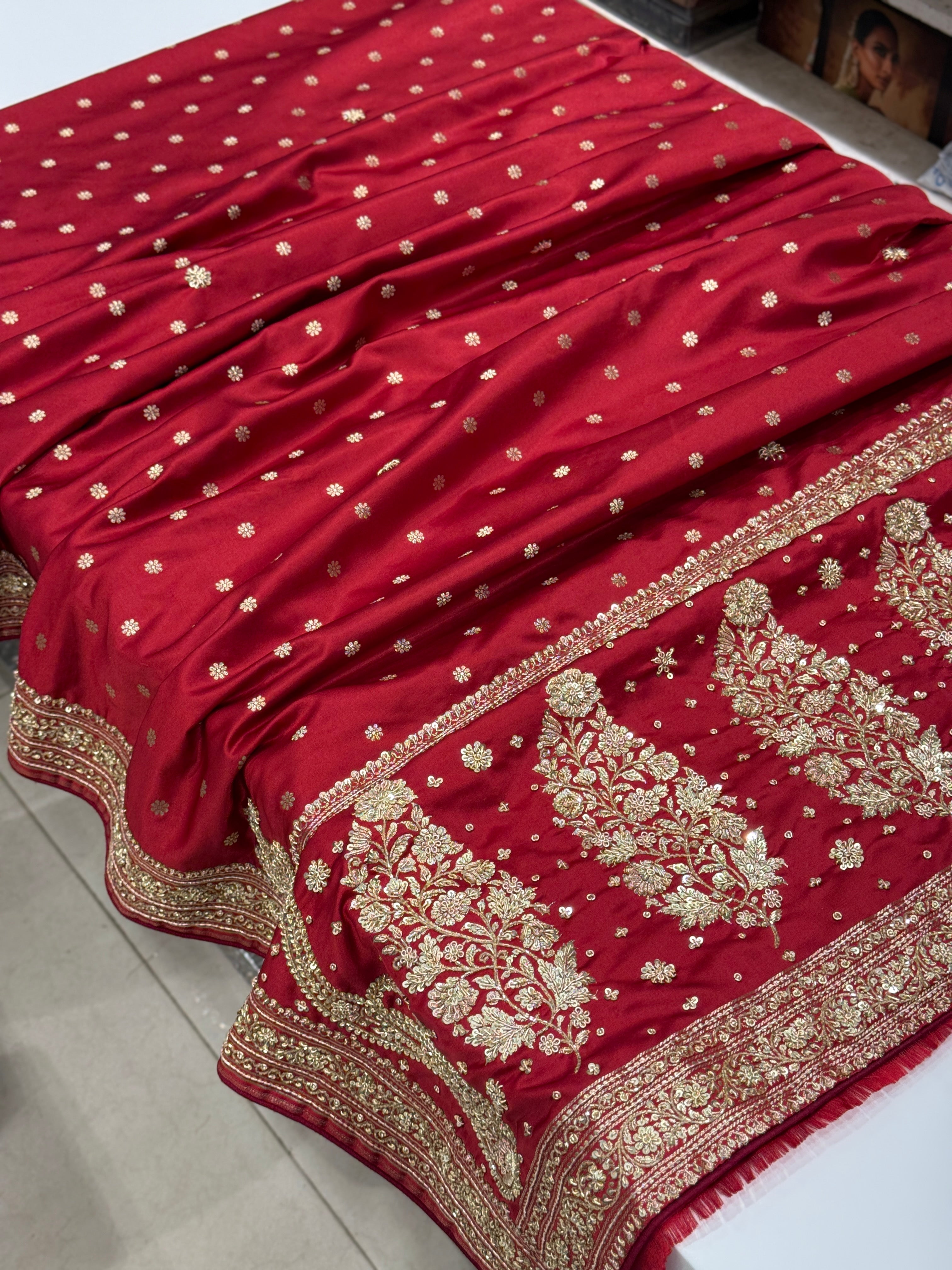 Maroon Banarasi Star Butti Hand Done Zardozi Saree