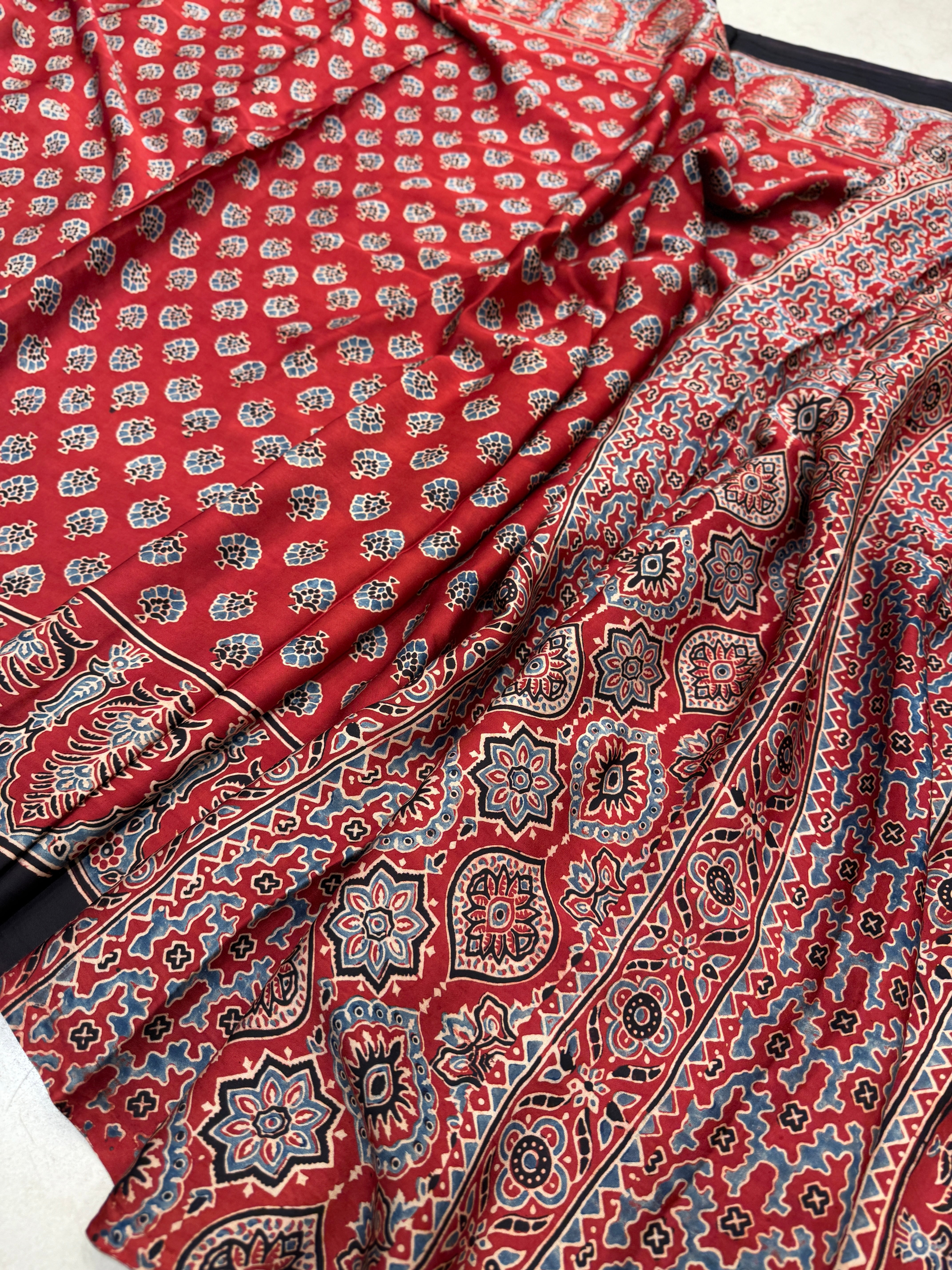 Red Crown Buttis Border Ajrakh Modal Gajji Silk Saree