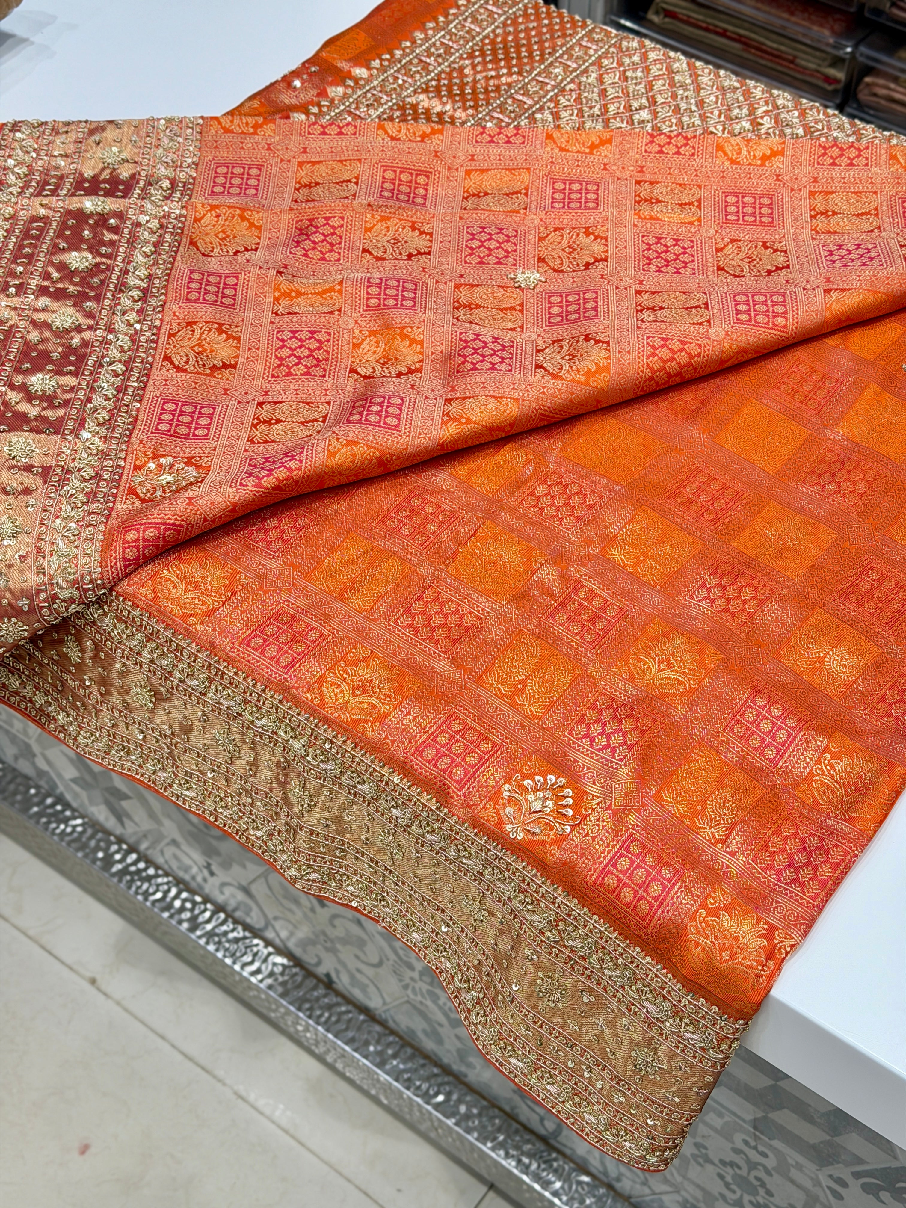 Orange Kanjivaram Zardosi Hand Embroidery Saree