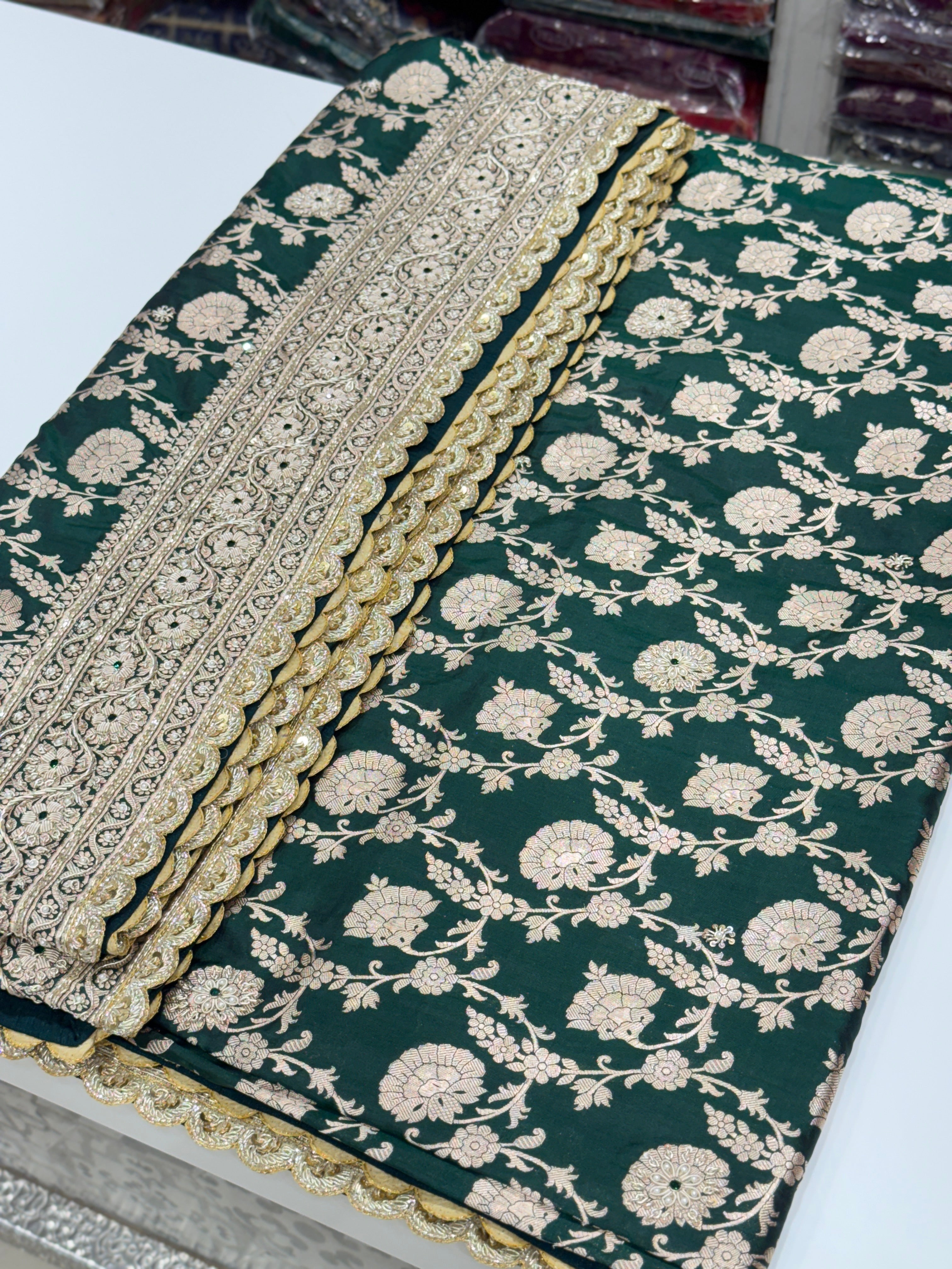 Bottle Green Handloom Banarasi Katan Jaal Zardosi Embroidery Saree