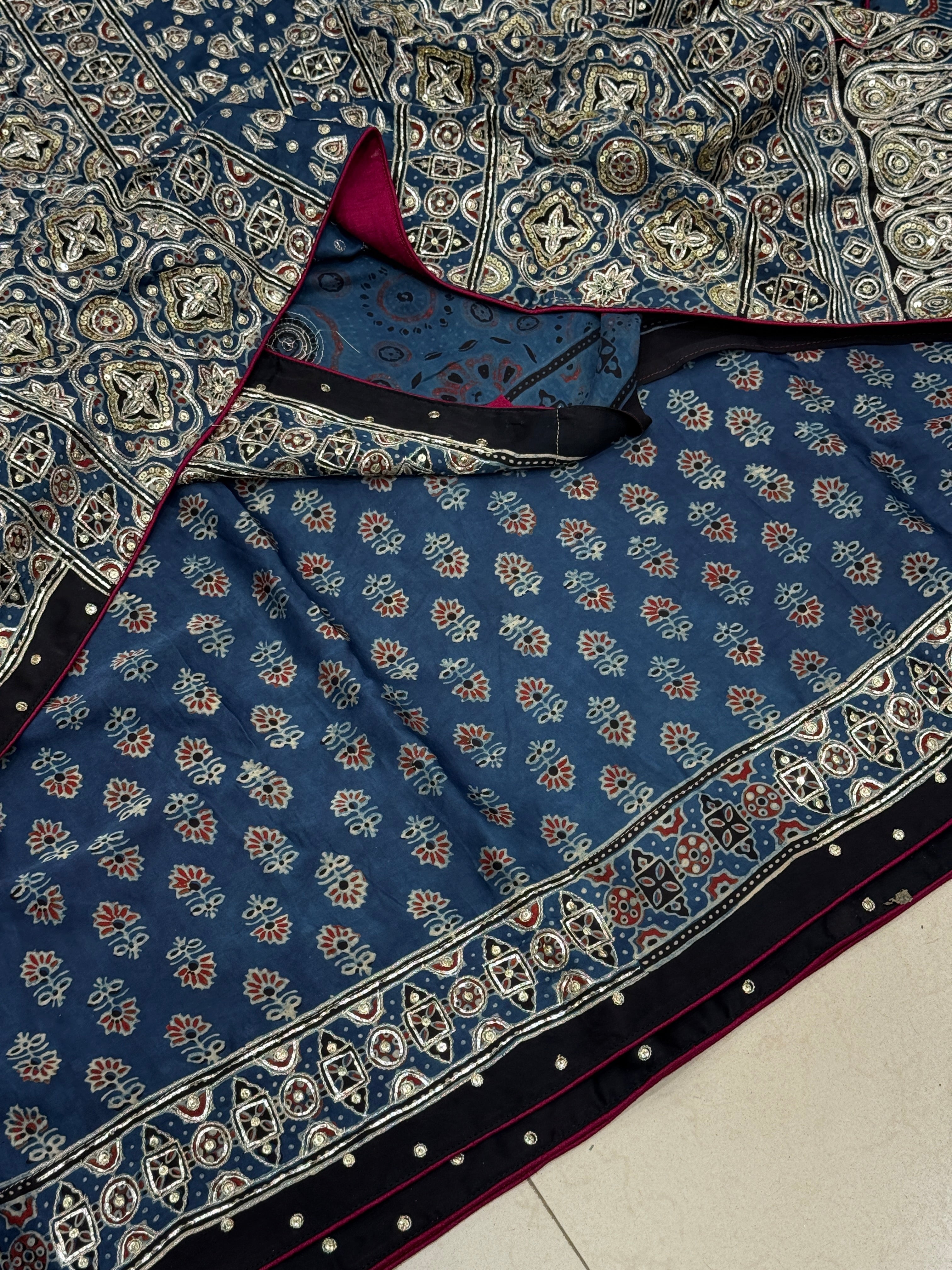 Blue Ajrakh Badam Buttas Pita Sequin Moti Hand Embroidery Saree