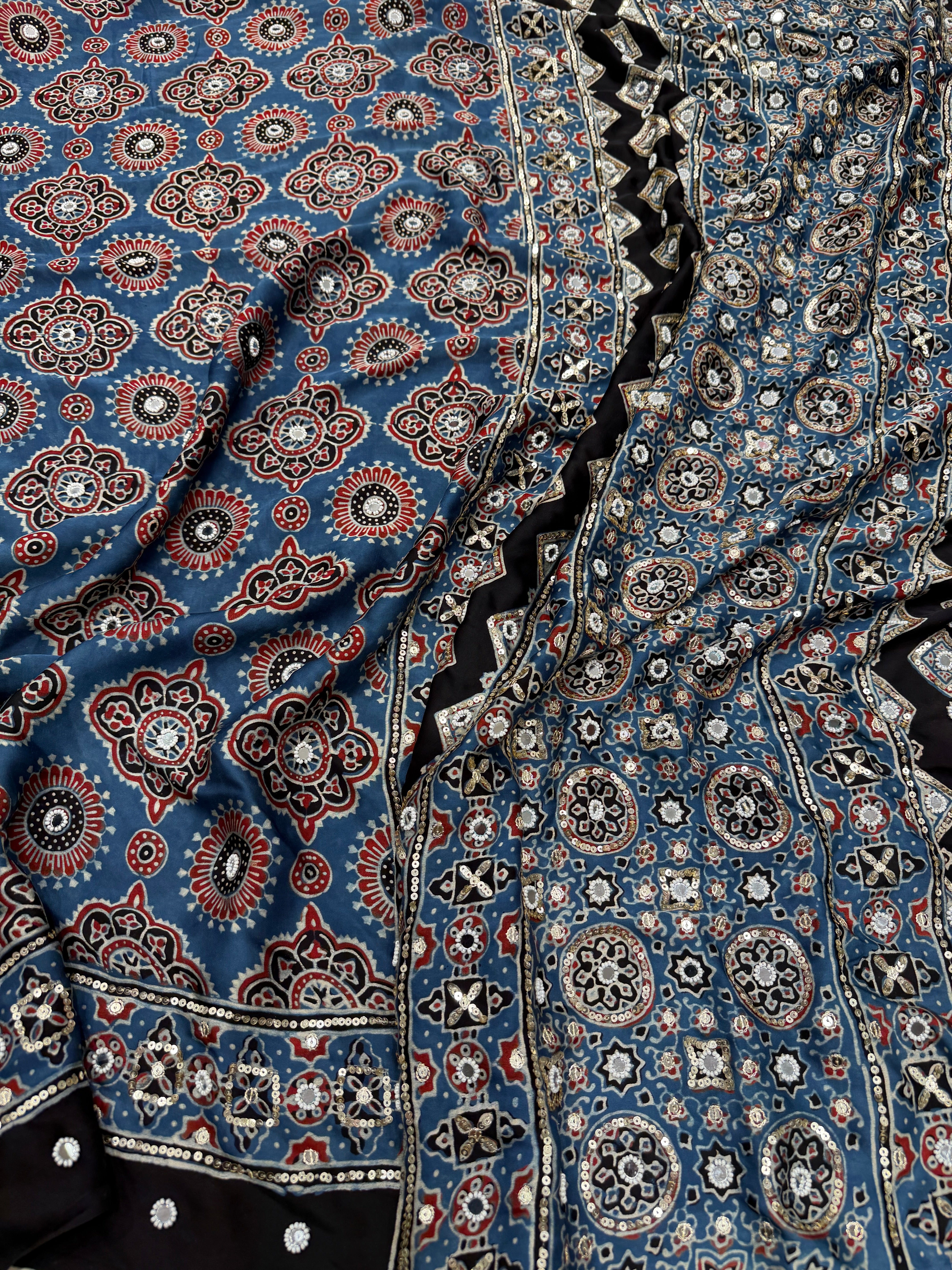 Blue Badam Ajrakh Butta Real Mirror Moti Sequin Hand Embroidery Saree