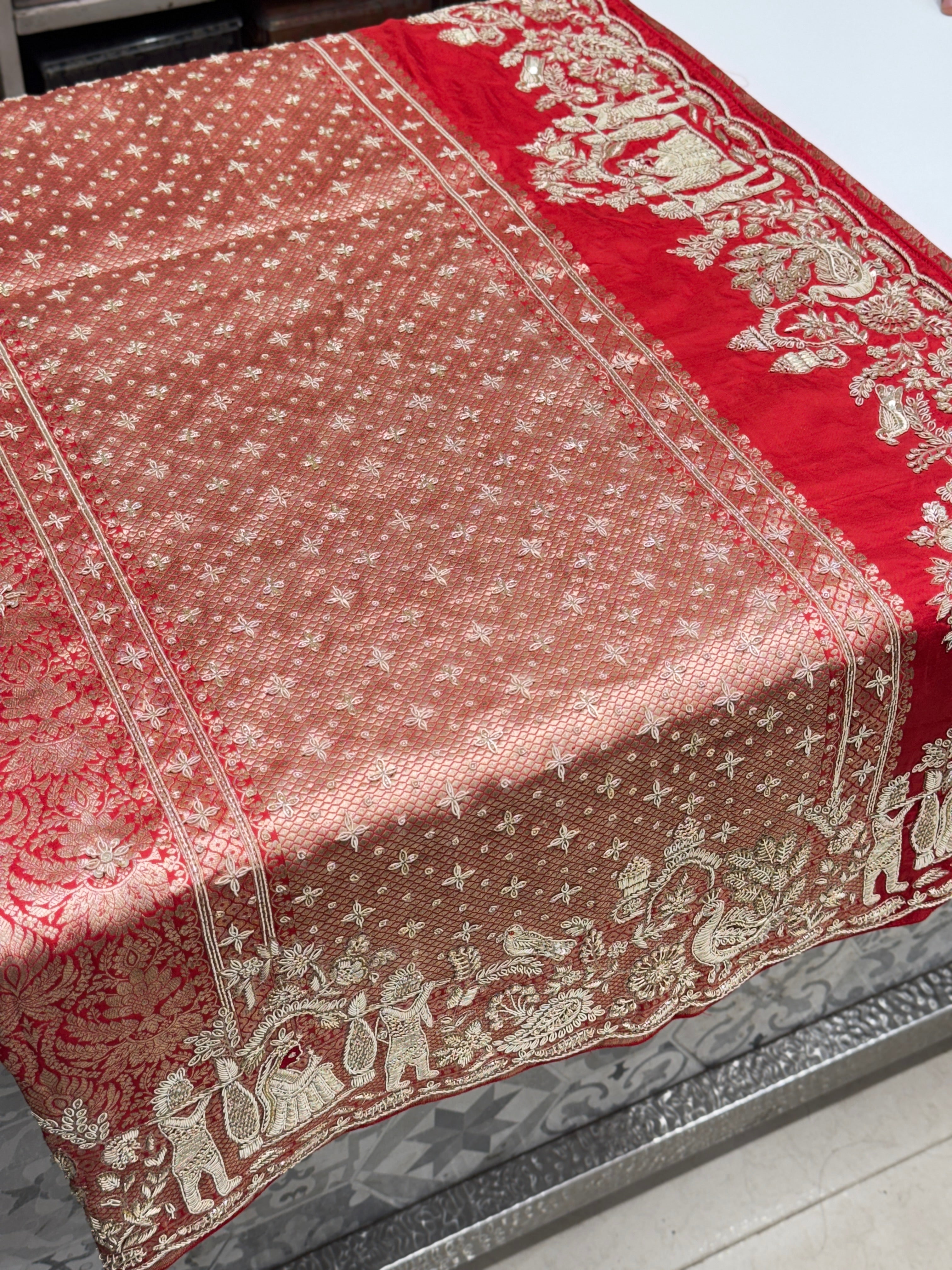 Red Banarasi Katan Doli Edit Zardosi Saree