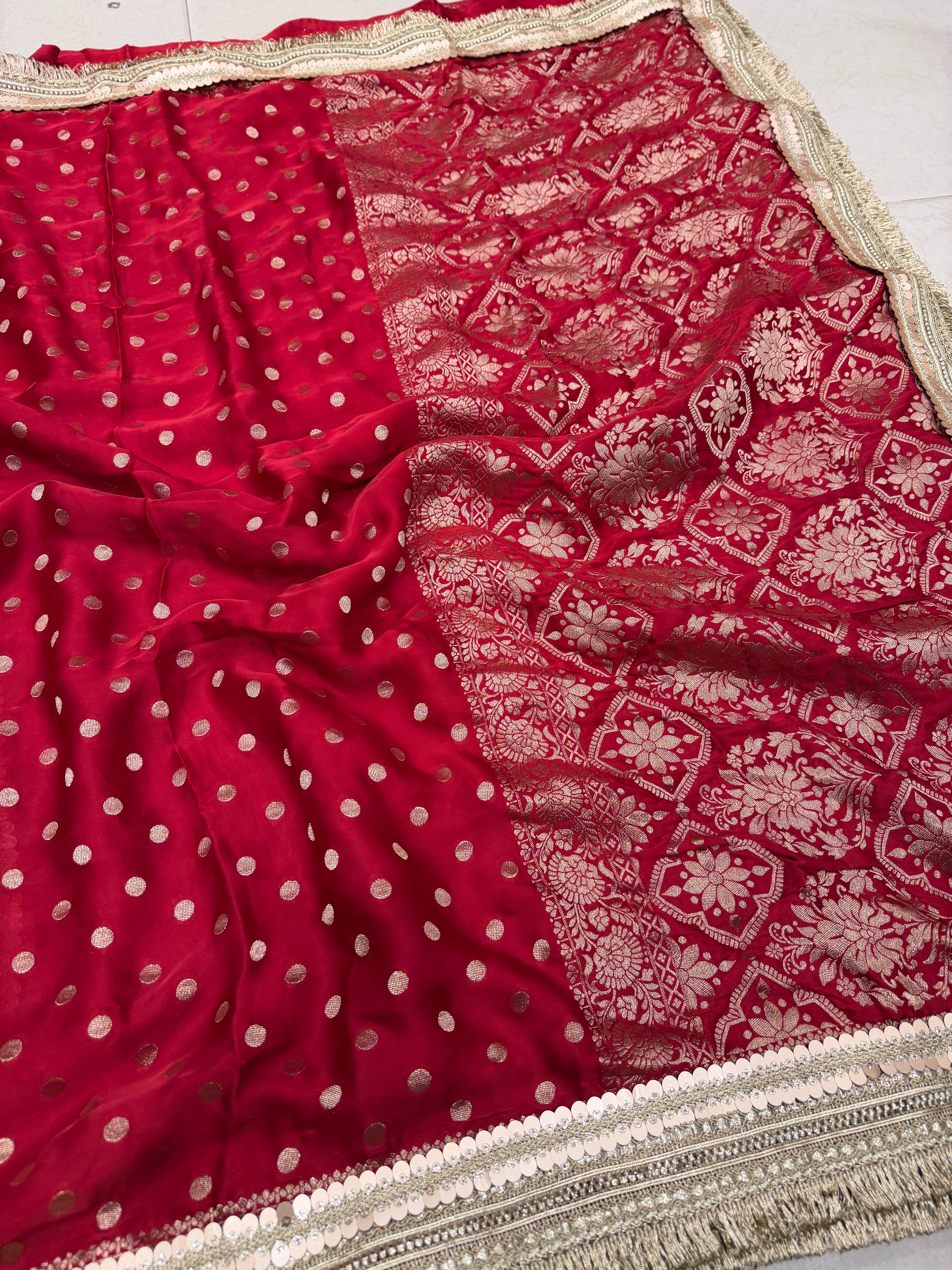Red Polka Dot Satin Silk Maharani Lace Saree