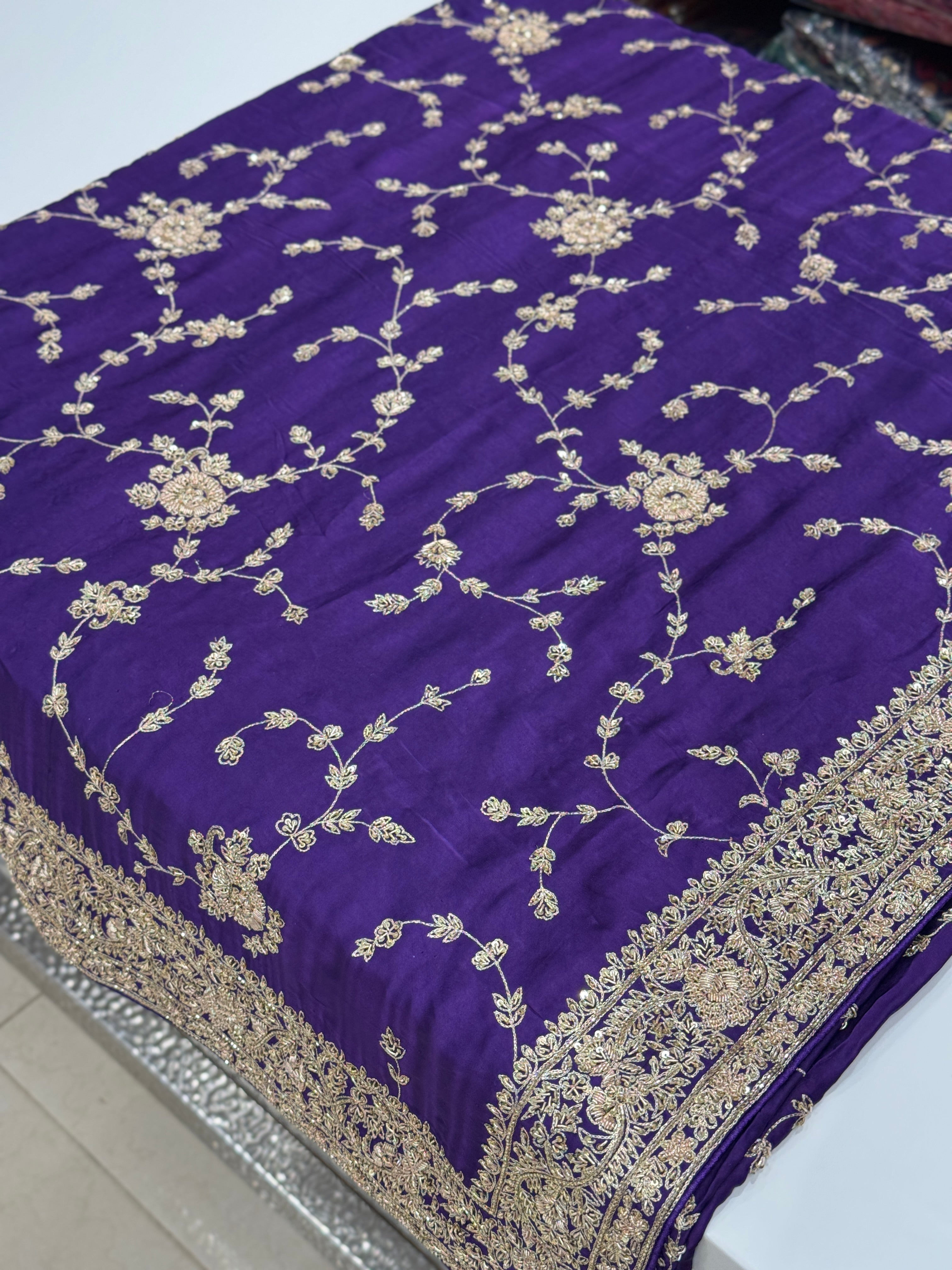 Violet Hand Embroidery Jaal Pure Satin Zardosi Embroidery